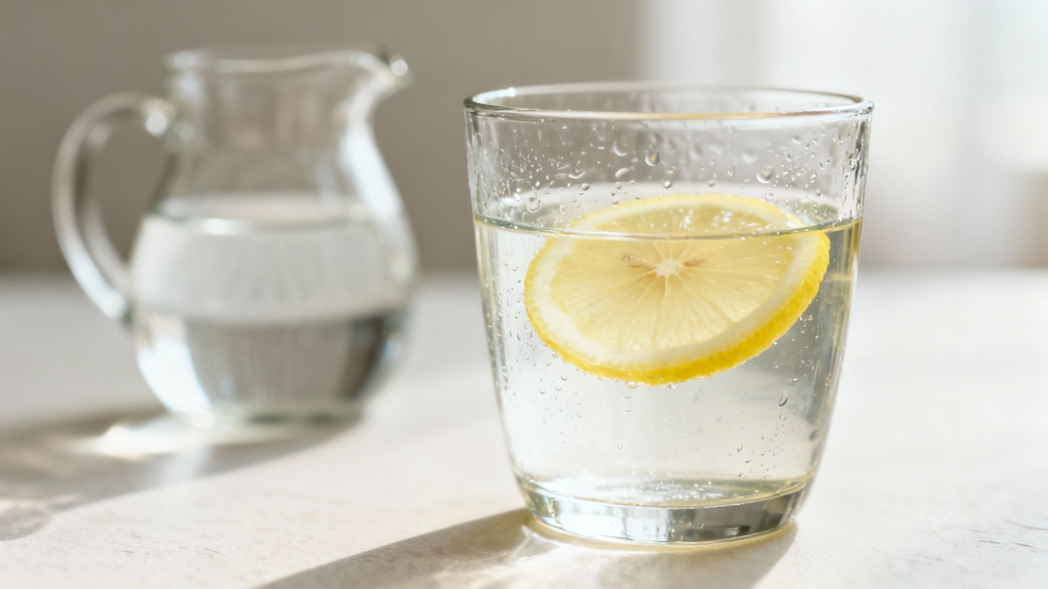 A refreshing glass of lemon water with water droplets and a water pitcher in the background.