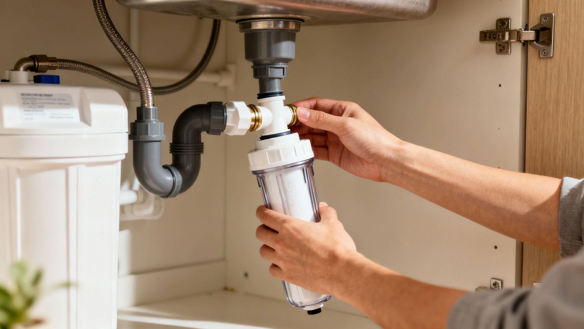 Hands installing a clear water filter cartridge with white granules under a kitchen sink.