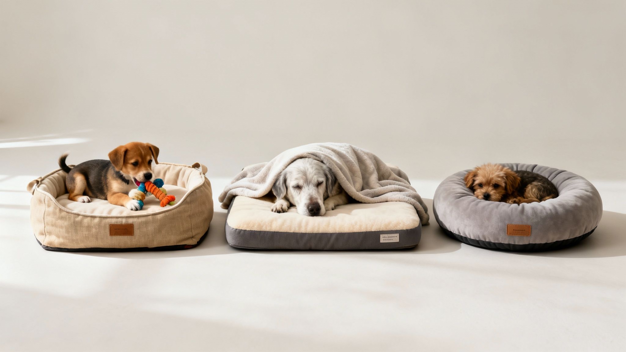 An older golden retriever resting peacefully on a supportive orthopedic dog bed.