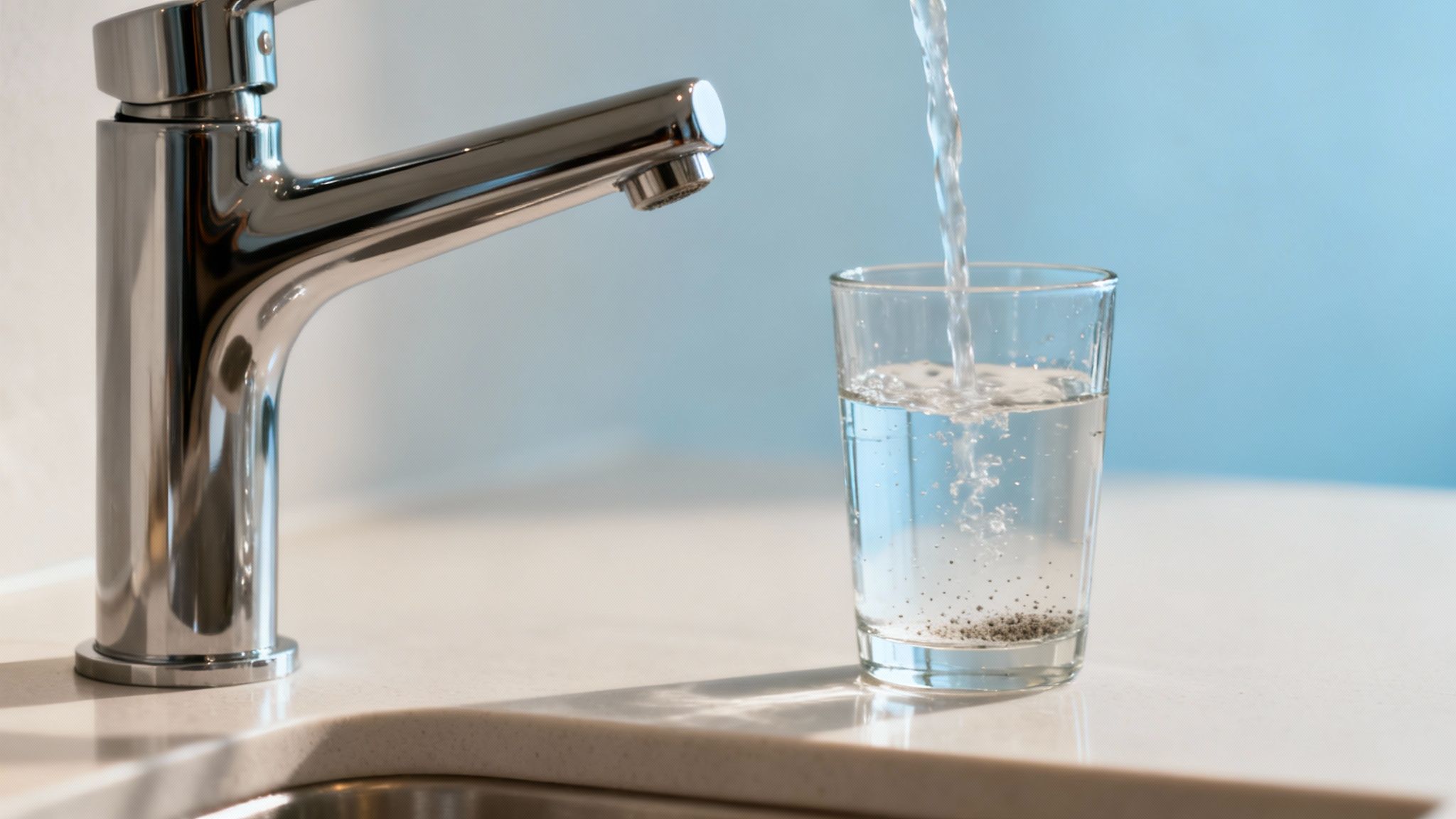 A modern chrome faucet fills a clear glass with water, showing dark sediment.