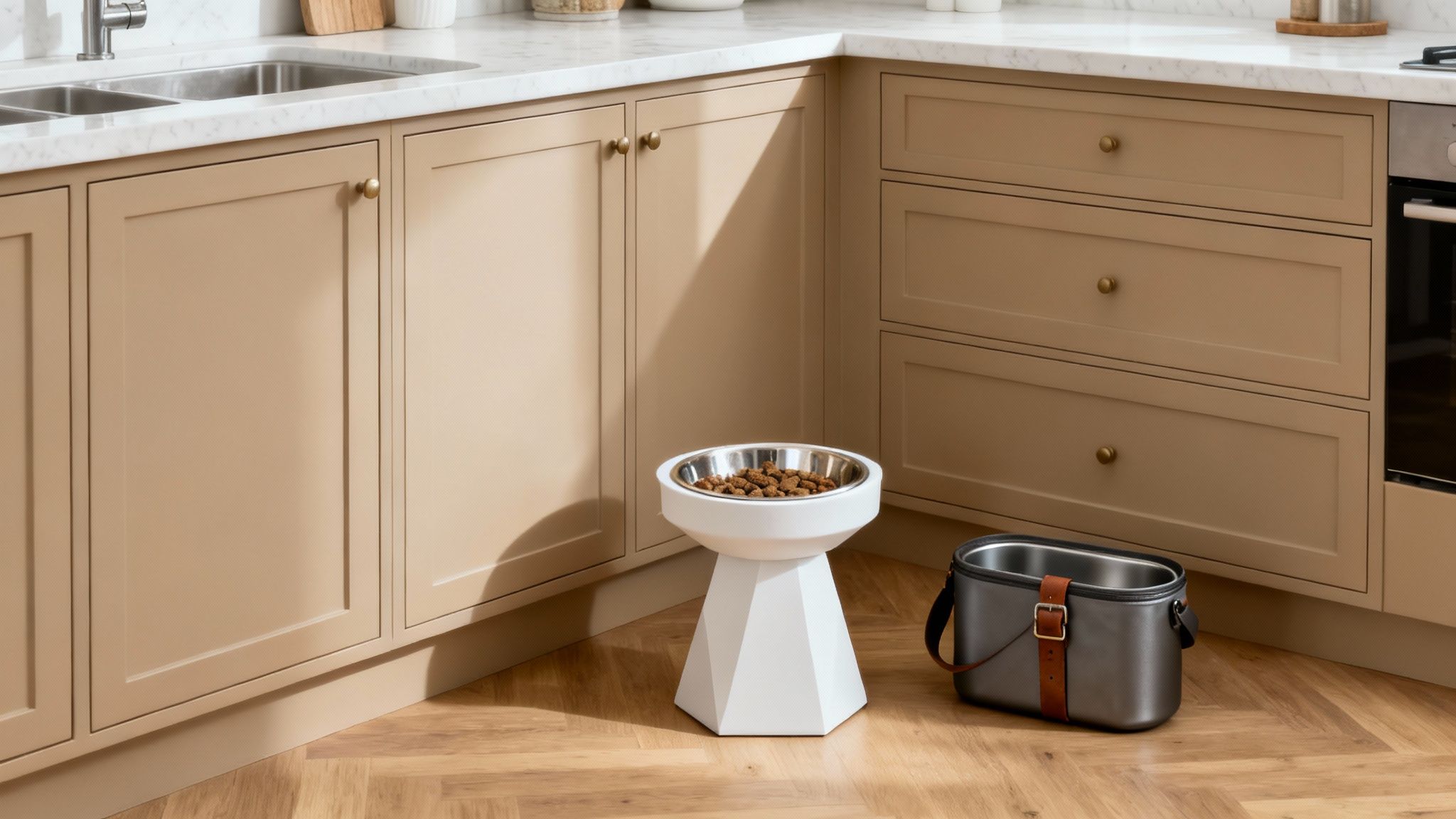 A stylish dog bowl that complements the modern kitchen decor.