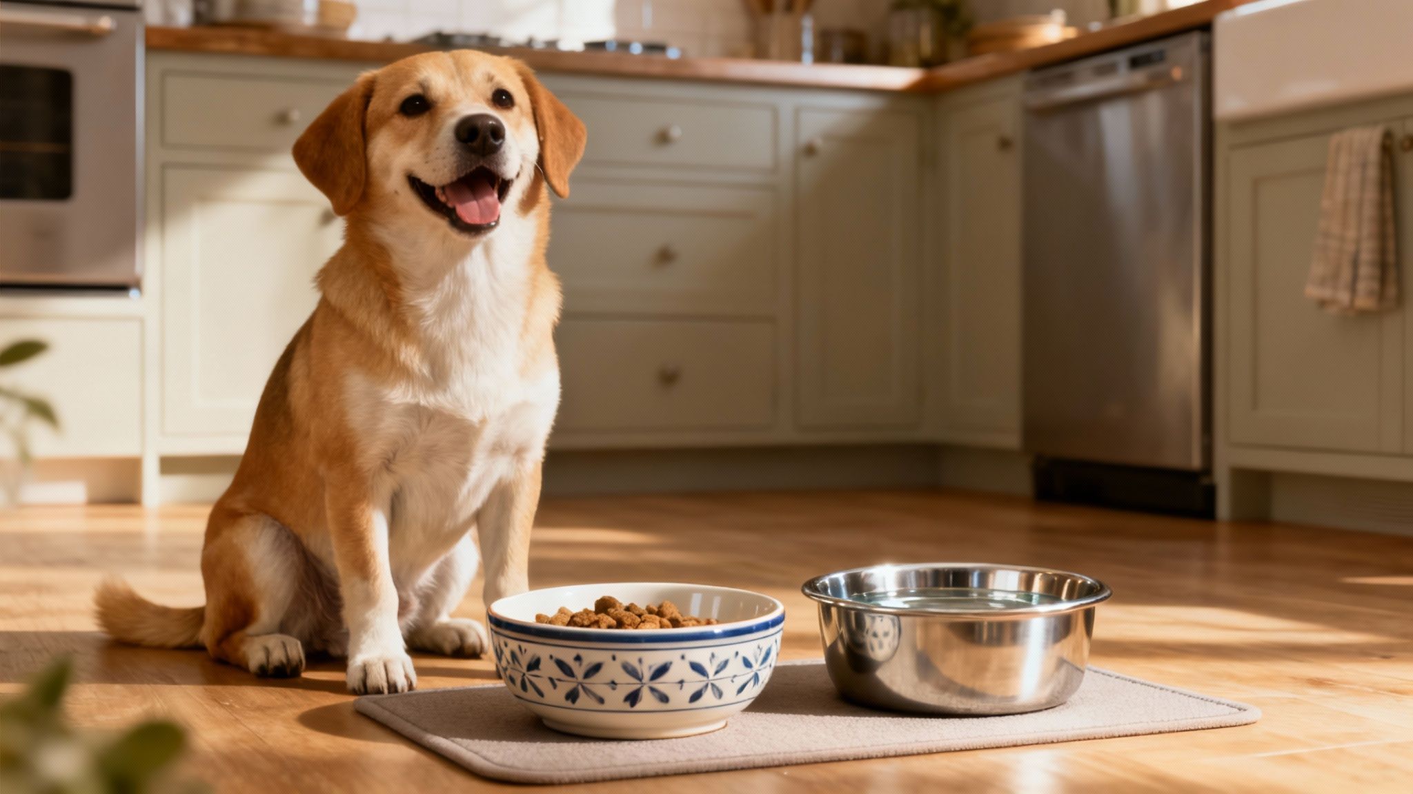 A happy dog looking at its food and water bowls in a modern kitchen setting.