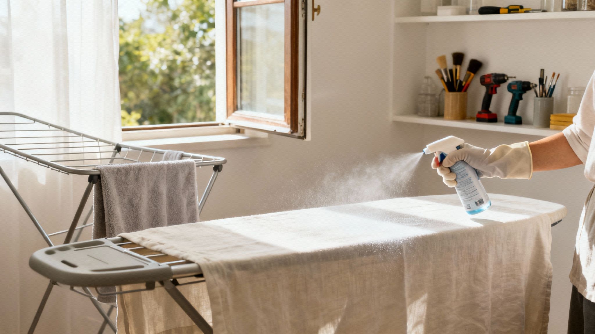 A person spraying a protective coating on a fabric tablecloth