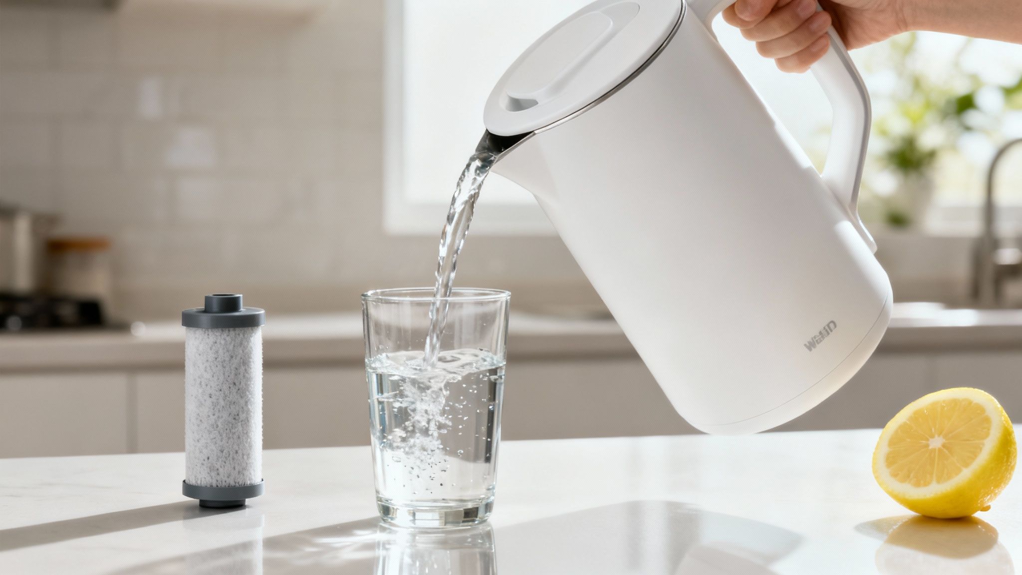 Una donna sorride mentre beve un bicchiere di acqua fresca nella sua cucina.