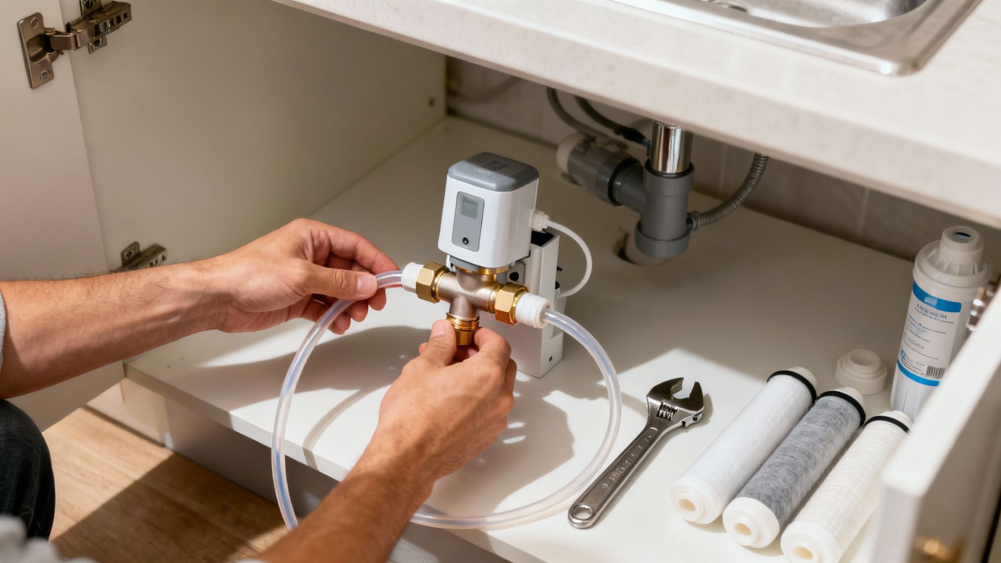 Technician installing reverse osmosis water filtration system with brass fittings and tubing under kitchen sink