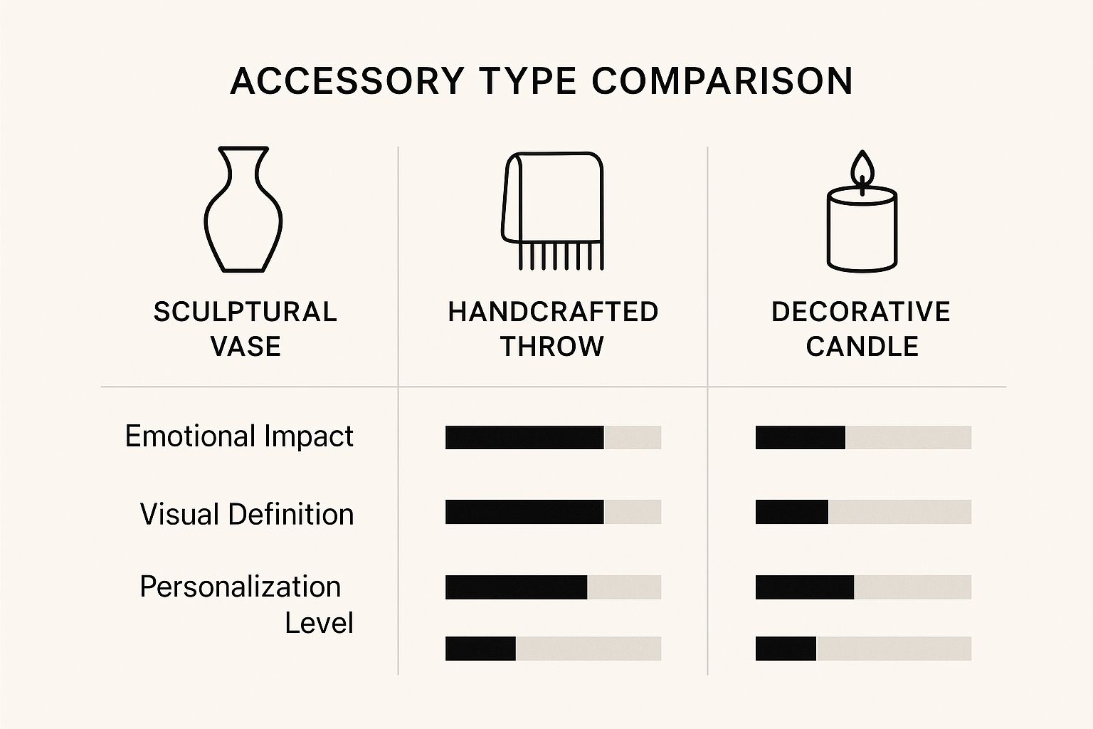 Infographic comparing the impact of a sculptural vase, handcrafted throw, and decorative candle on a room's design.