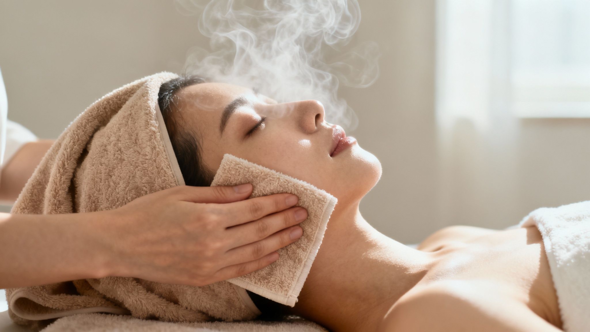 Donna che si prepara a usare un aspiratore punti neri davanti allo specchio