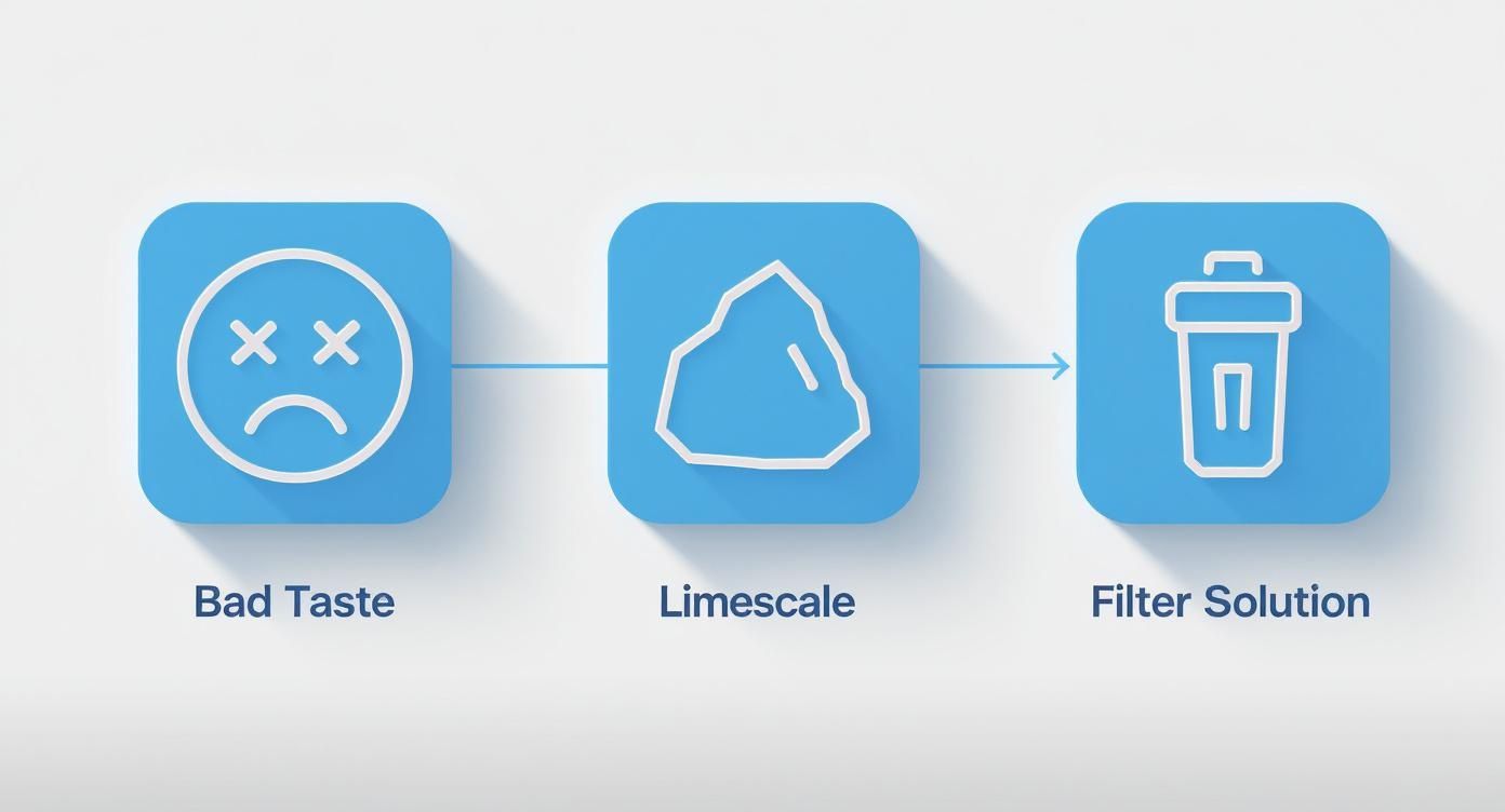An infographic illustrating bad taste and limescale issues resolved by a filter solution.