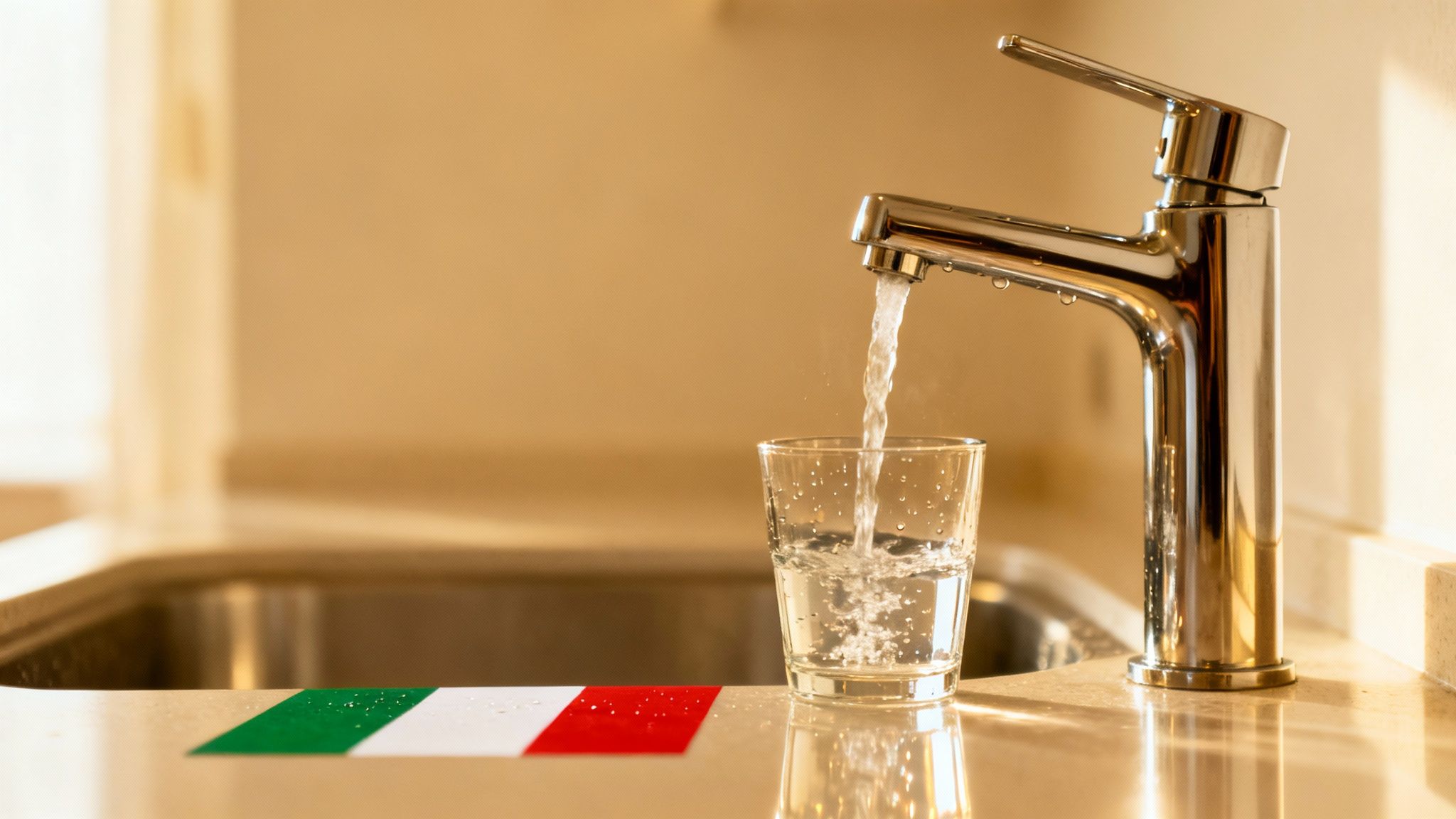 Apă proaspătă curgând dintr-un robinet de bucătărie modern într-un pahar, cu un steag italian.