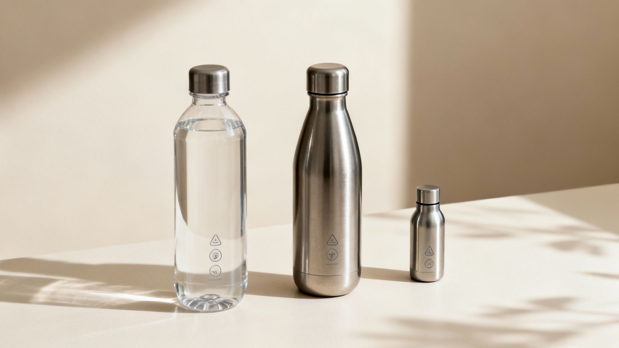 Three water bottles of varying sizes and materials, including clear and stainless steel, on a light surface.