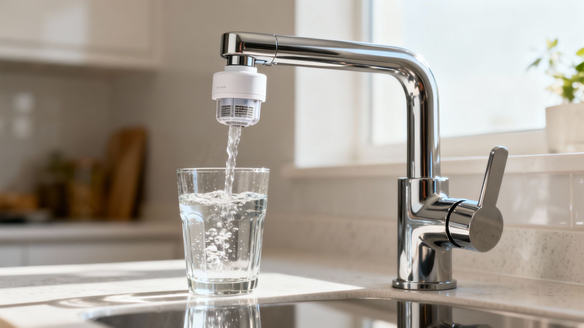 A modern kitchen faucet with a white water filter pouring clean water into a clear glass.