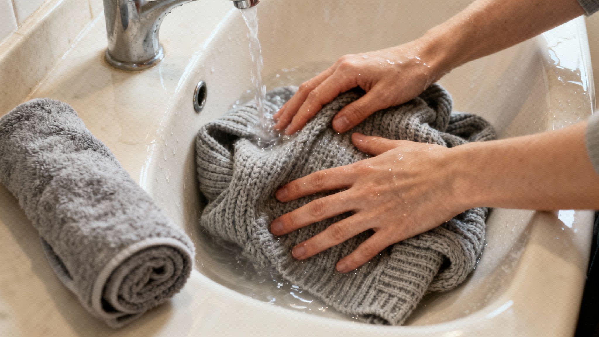 A person gently squeezing water out of a white garment over a sink