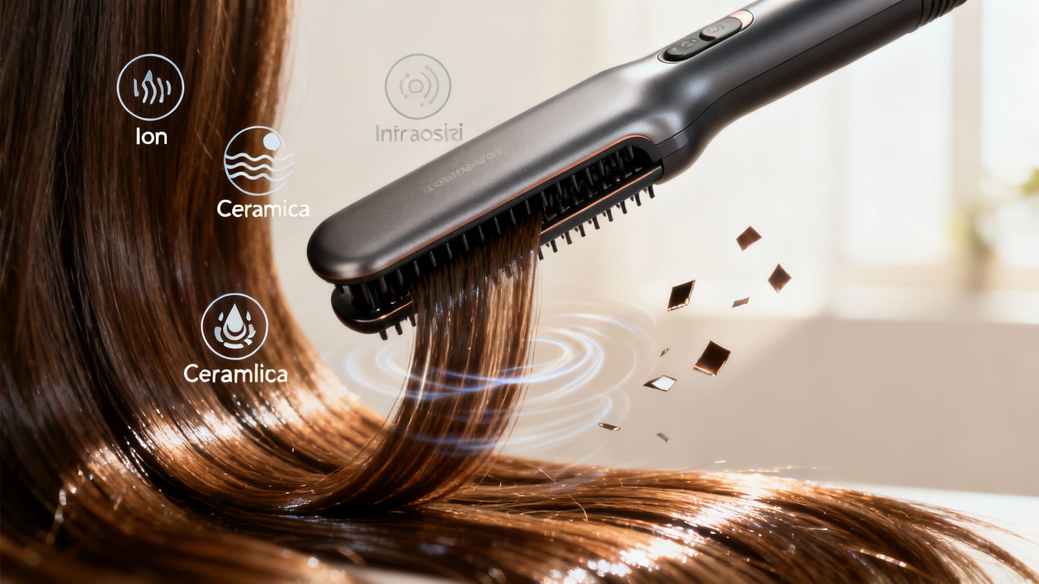 Close-up of a hair straightening brush with ionic technology
