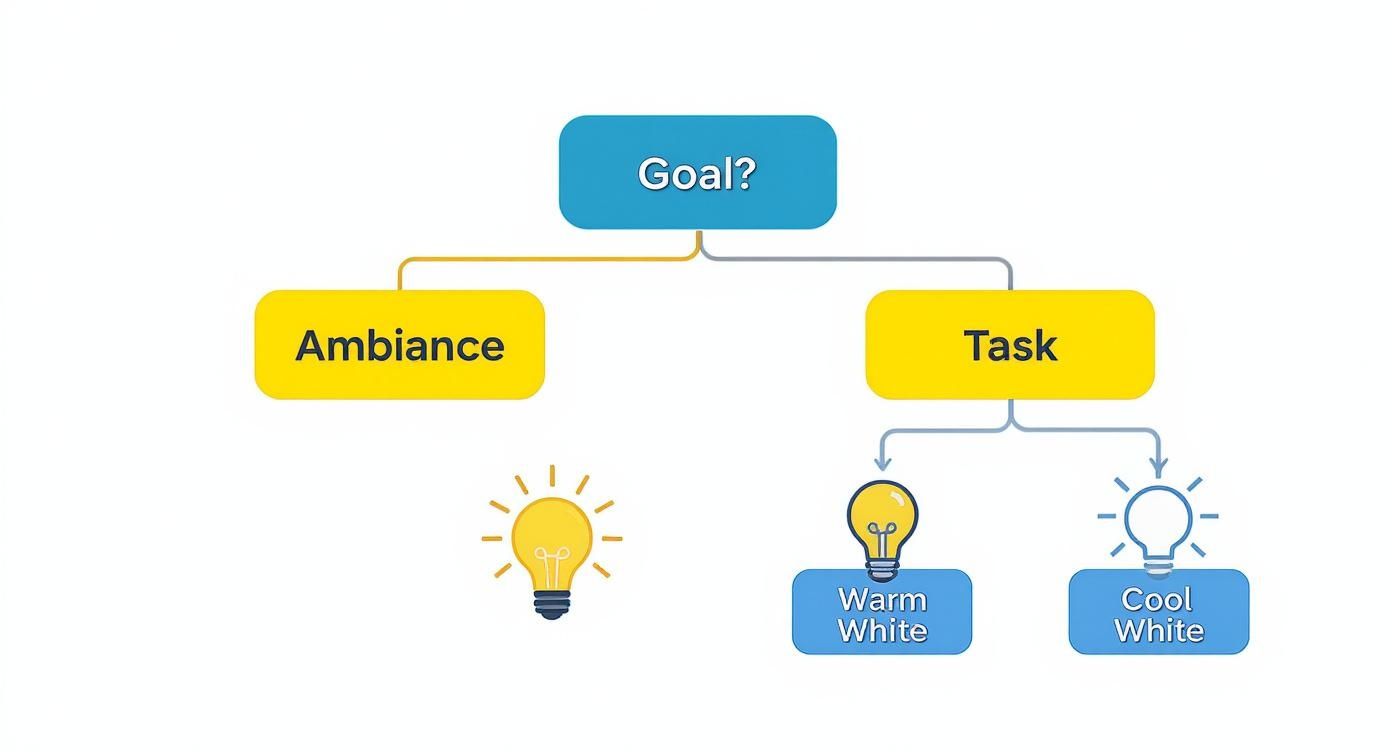 An infographic decision tree for choosing LED strip lighting, showing 'Goal?' branching to 'Ambiance' with a sun icon leading to 'Warm White', and 'Task' with a lightbulb icon leading to 'Cool White'.