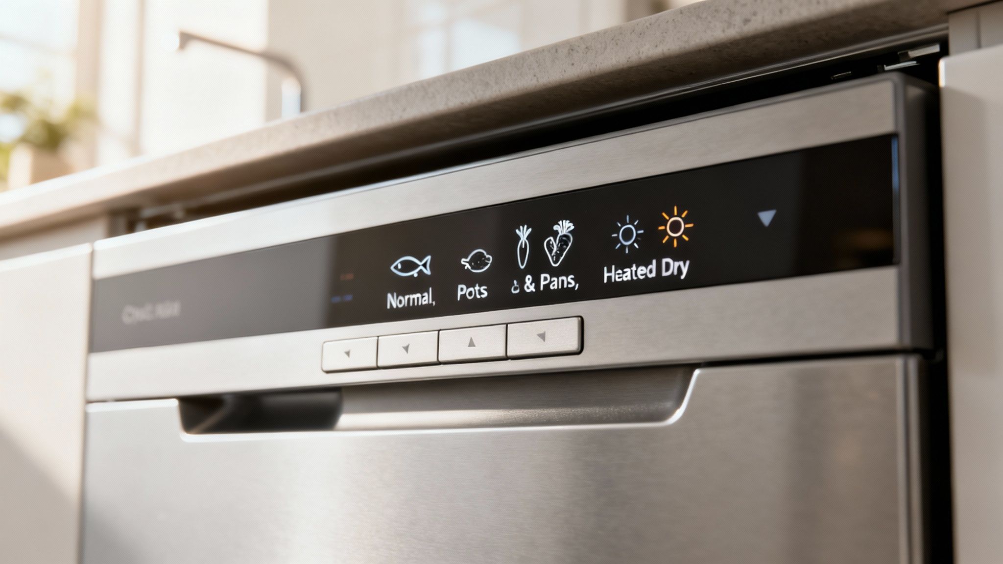 A close-up of a modern dishwasher's control panel, with various cycle options visible.