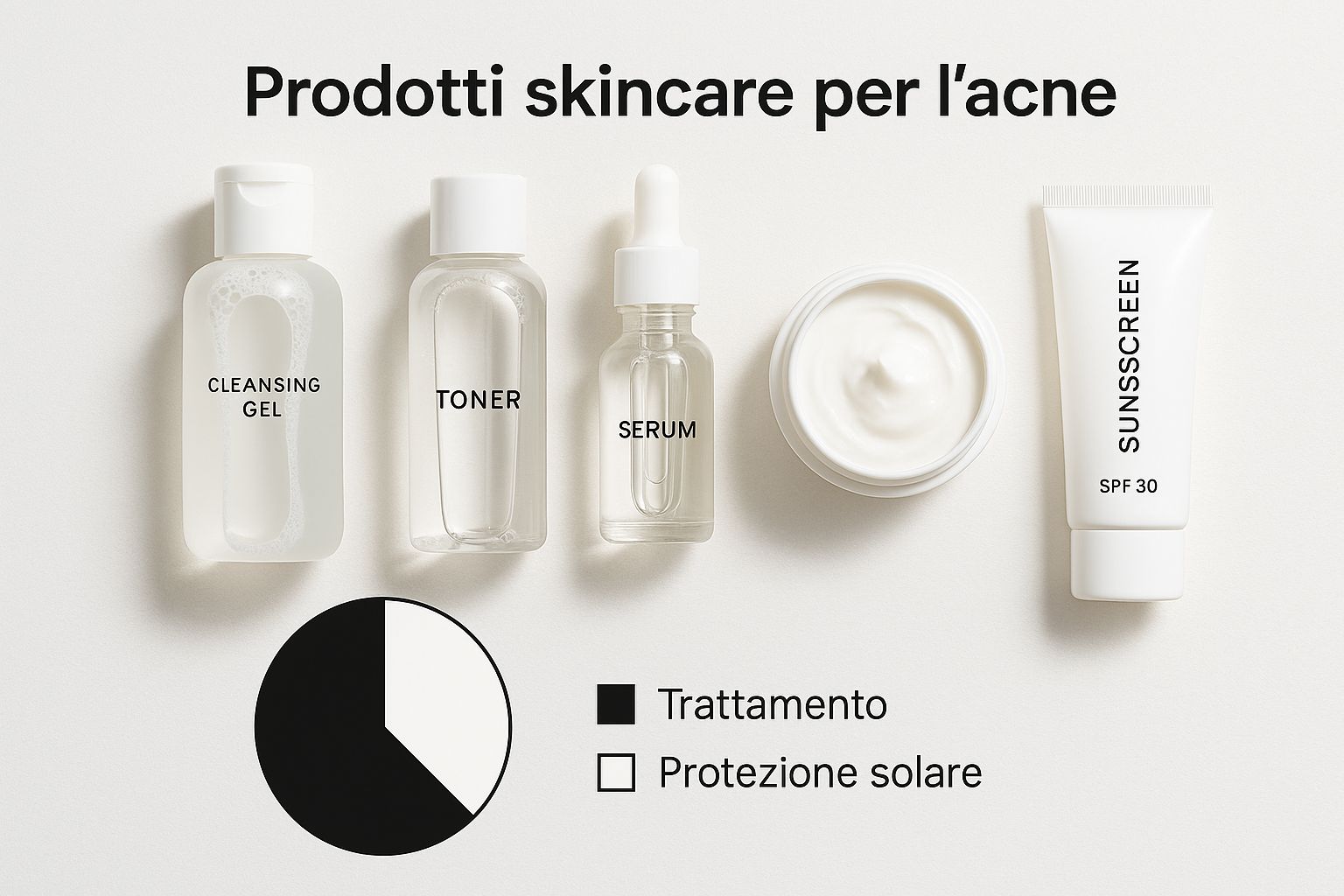 Infografica che mostra i prodotti per la cura della pelle disposti in ordine: detergente, tonico, siero, crema idratante e protezione solare.