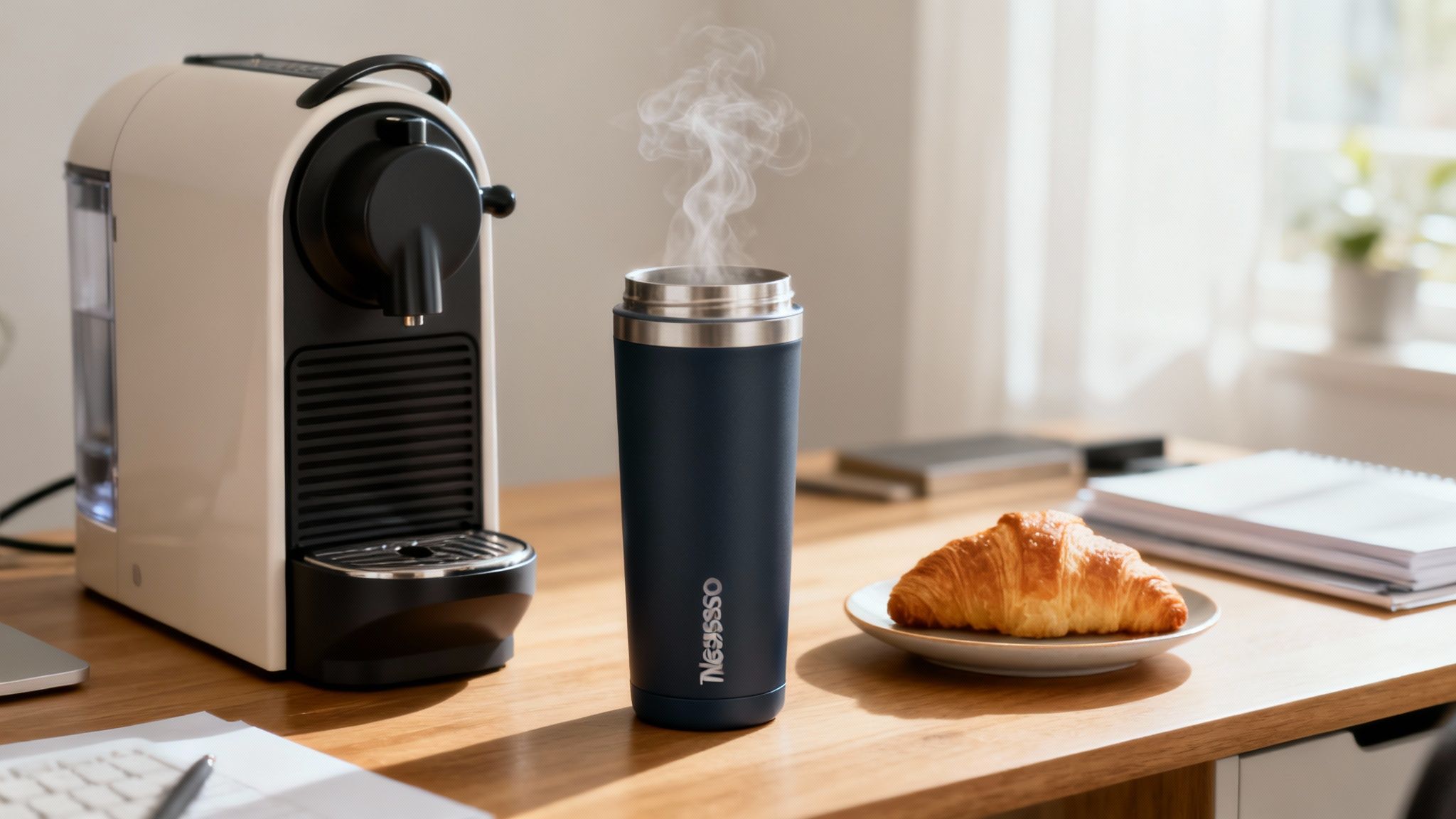 A stylish Nespresso travel mug placed next to a Nespresso machine and coffee pods.