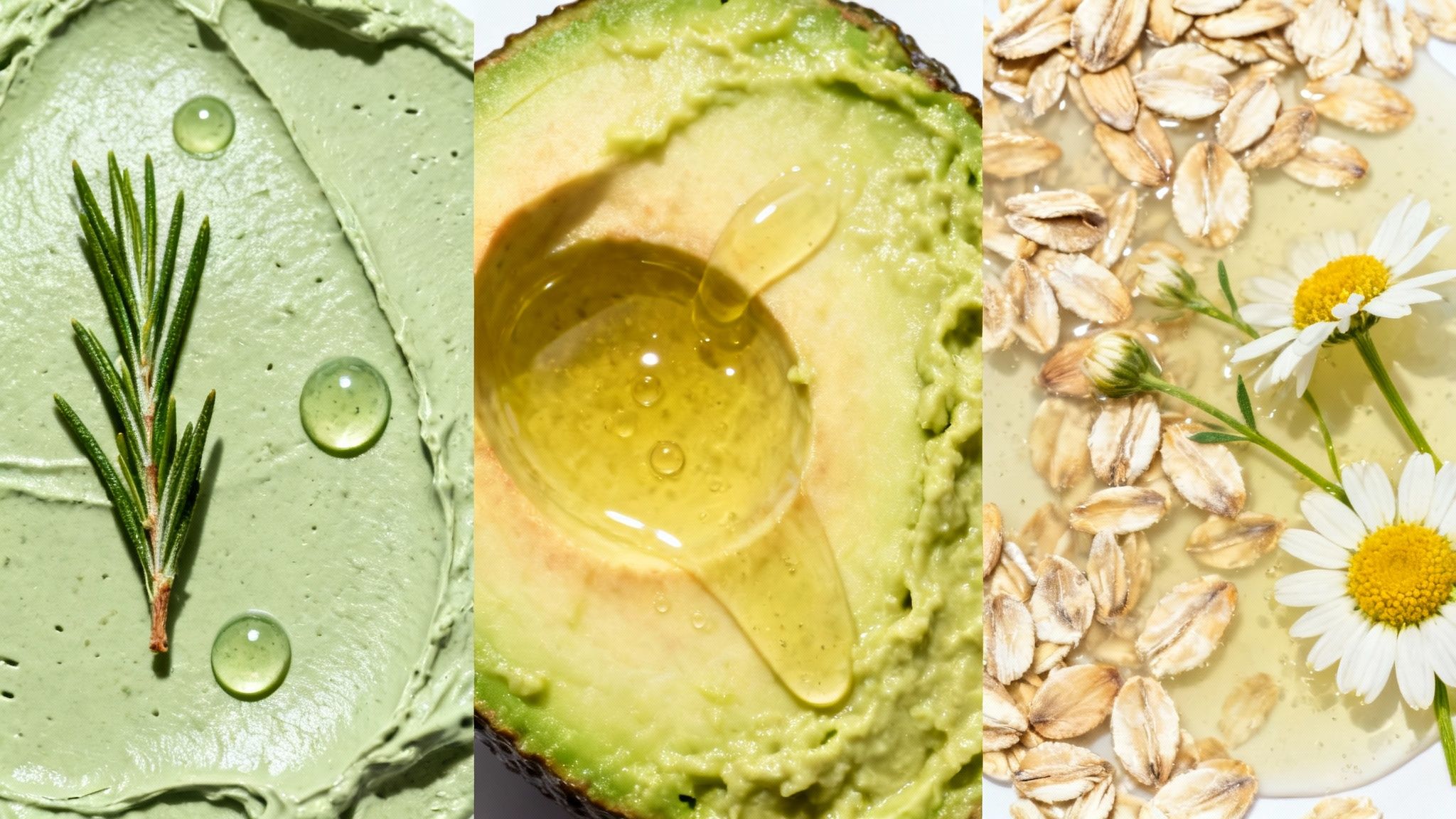 Una ciotola di ceramica bianca contenente una maschera viso fai da te verde e liscia, circondata da ingredienti freschi come avocado e foglie di menta