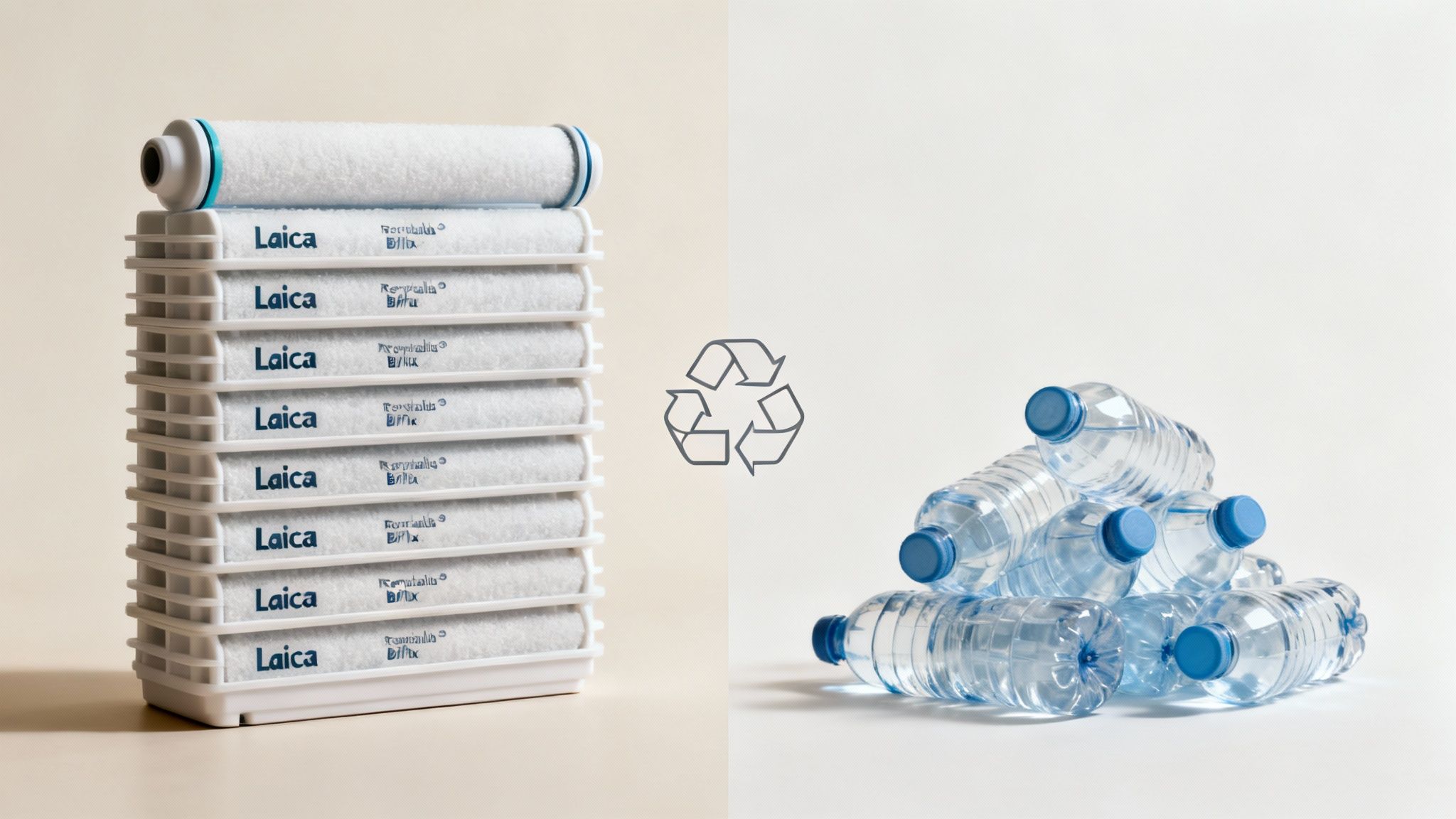 Laica water filters stacked next to a recycling symbol and many plastic water bottles.
