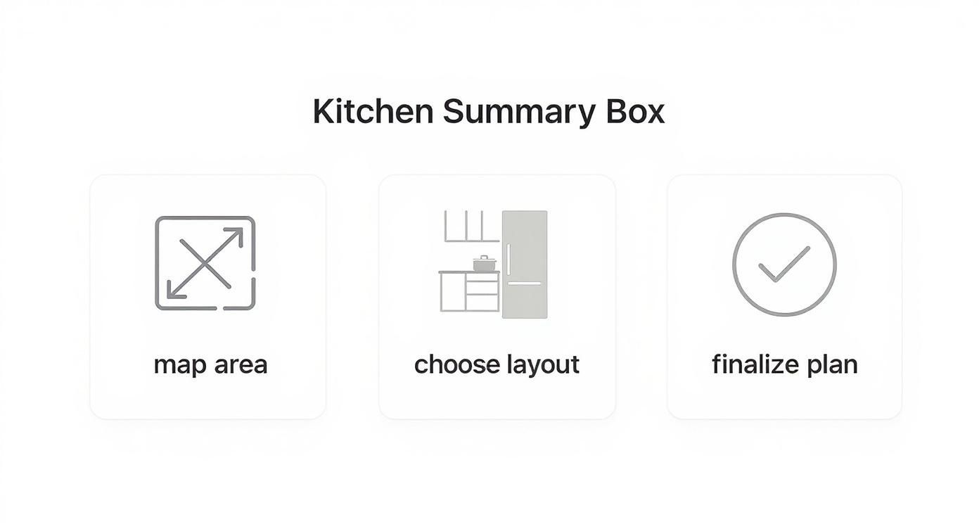 Infographic showing the three key steps of kitchen layout planning: mapping the area, choosing the layout, and finalizing the plan.