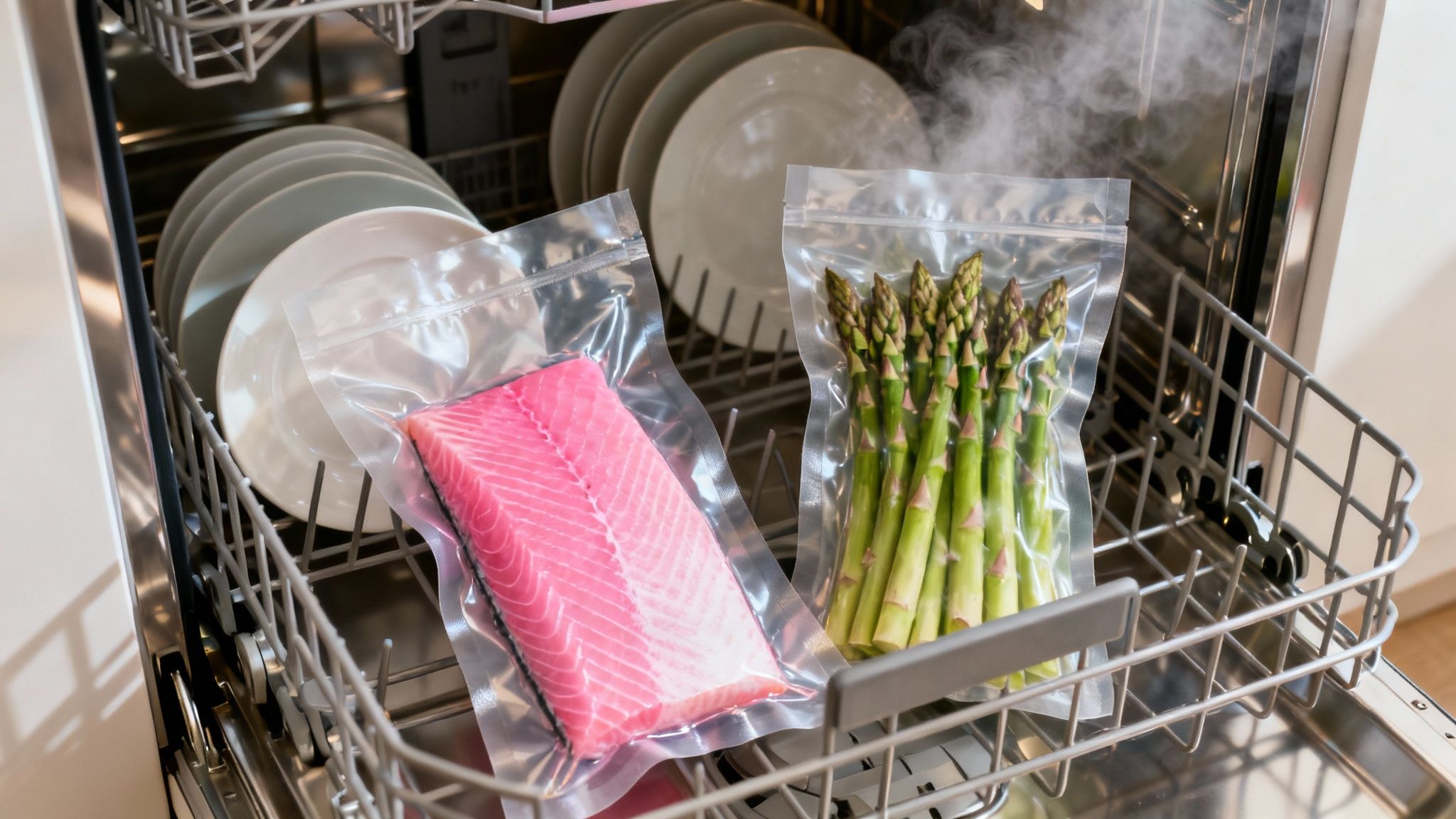 A perfectly cooked salmon fillet with asparagus, prepared using a dishwasher, resting on a plate.