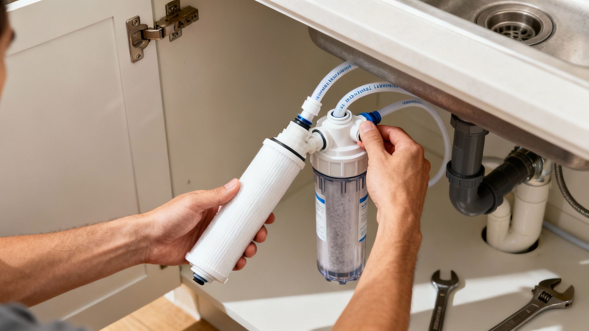 Hands connect water filter units and hoses under a kitchen sink, with tools nearby.