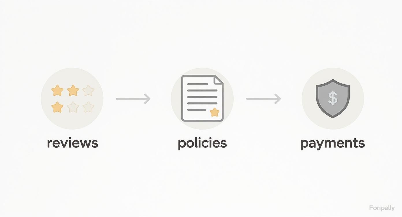Mappa concettuale infografica che mostra come controllare i negozi di arredamento online controllando recensioni, politiche e sicurezza dei pagamenti.