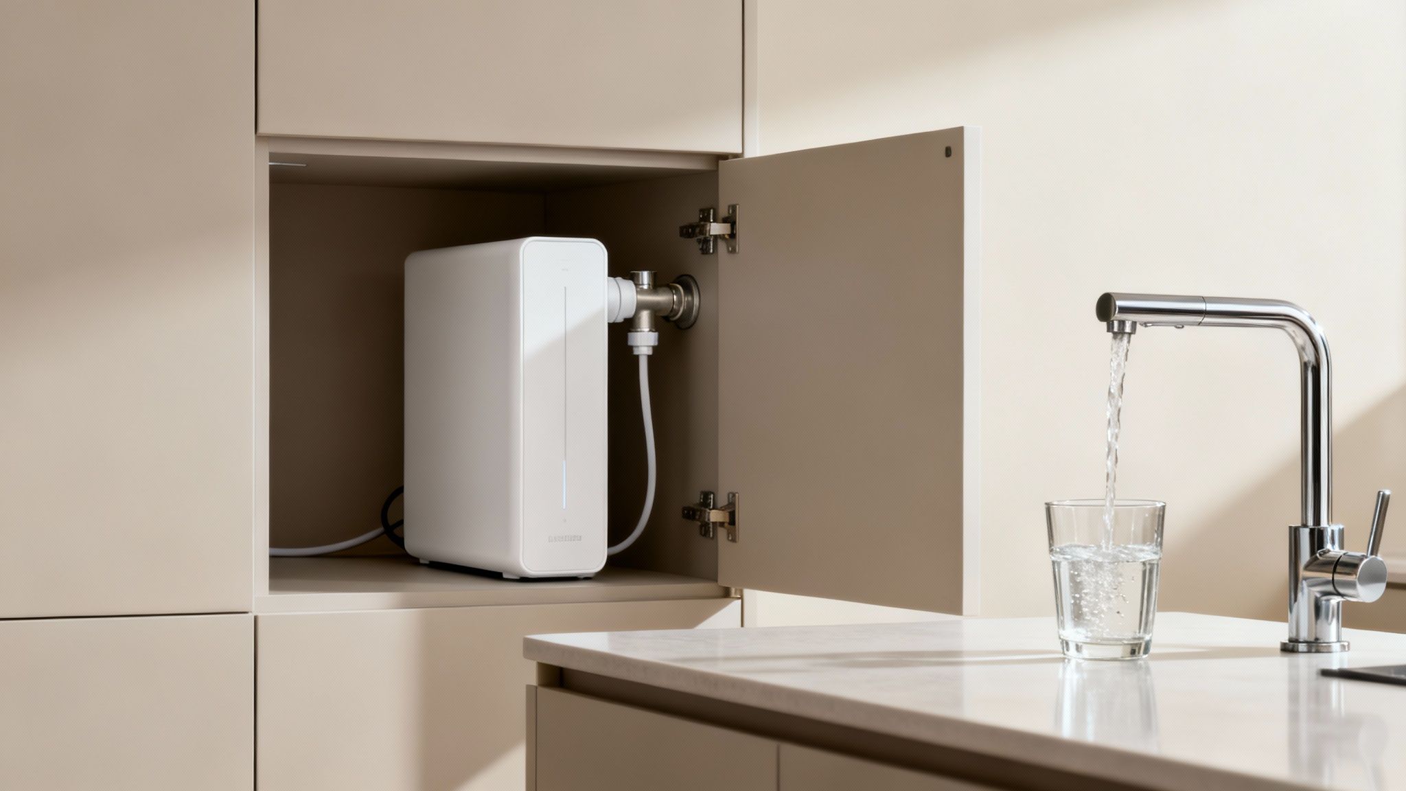 A modern kitchen with a hidden white under-sink water filter and a faucet filling a glass of water.