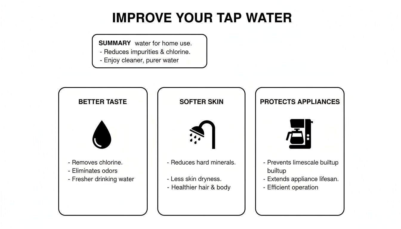 Infographic illustrating the benefits of improving tap water for home, including taste, skin, and appliance protection.