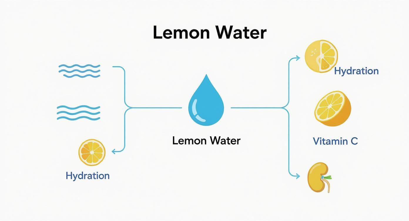 A diagram illustrating the components of lemon water (water and lemon) and its benefits: hydration, vitamin C, and kidney health.