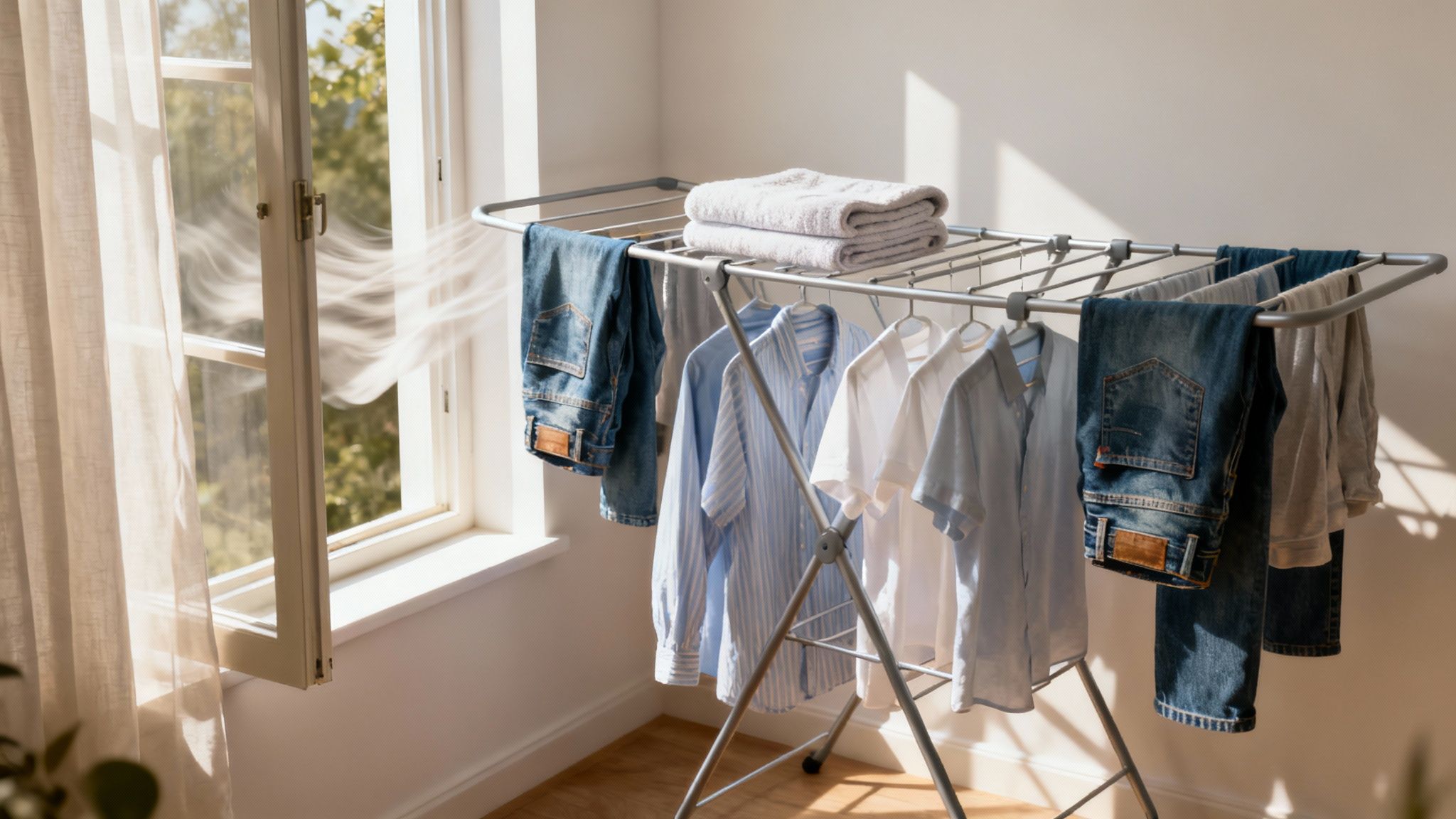 Woman smiling while hanging colourful clothes on a drying rack