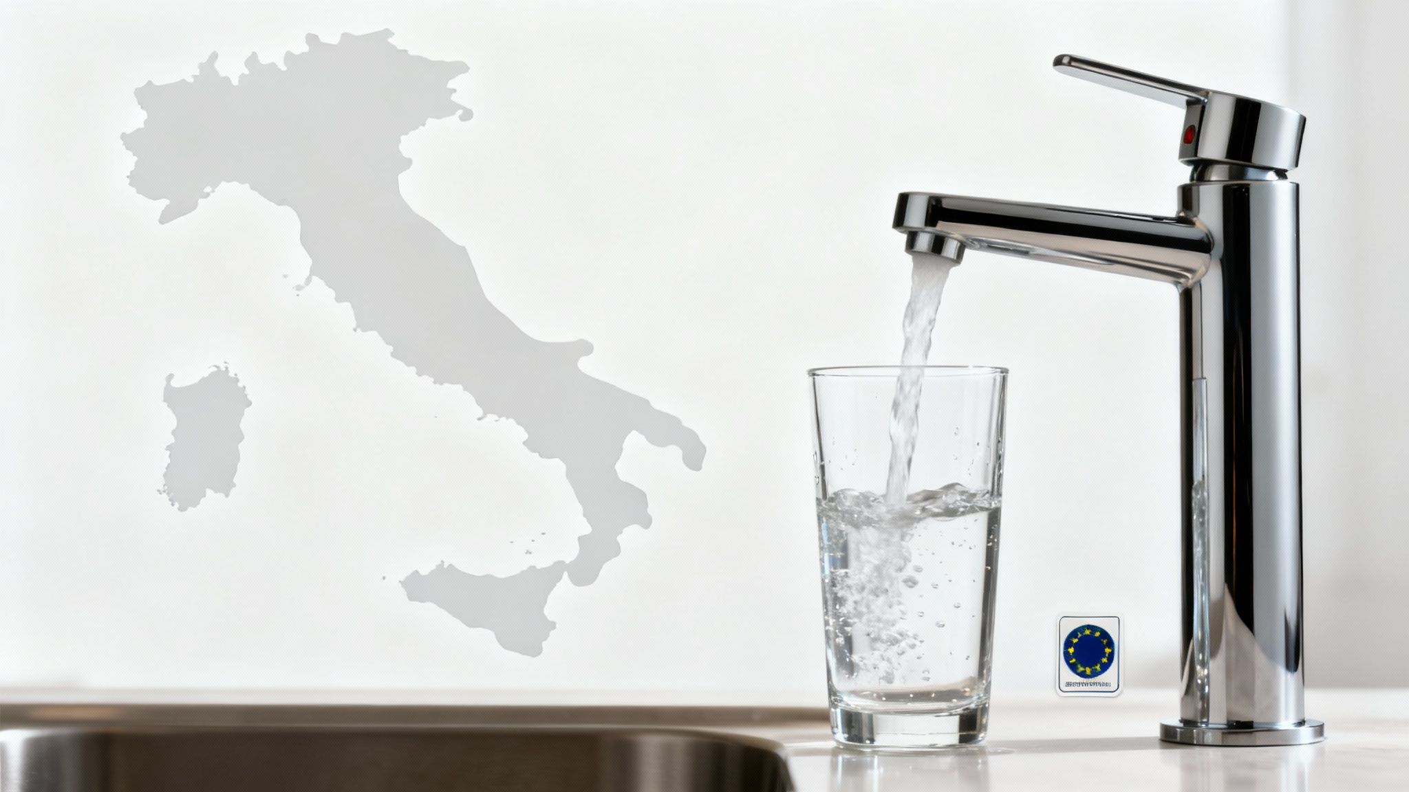 Un bicchiere d'acqua riempito dal rubinetto di una cucina moderna