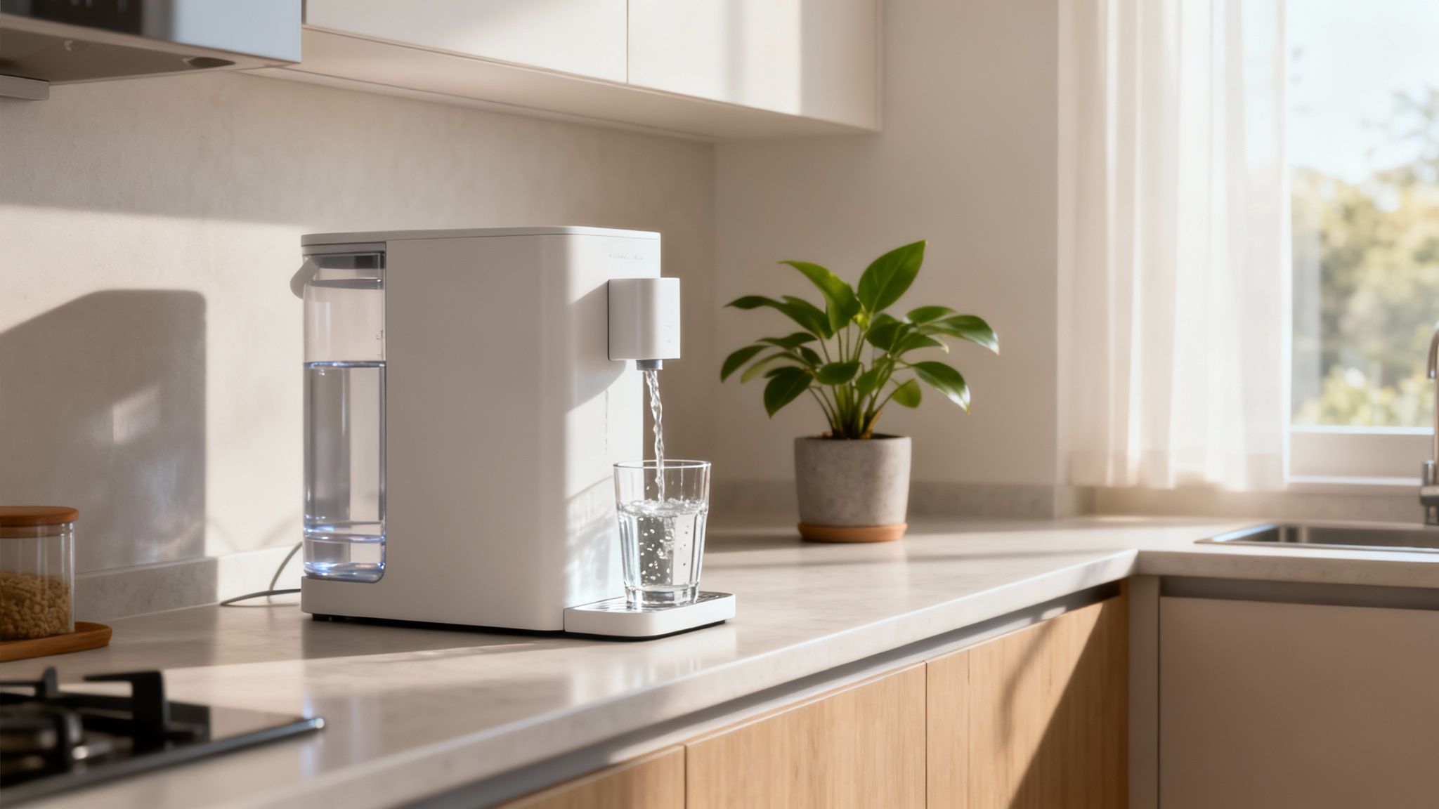 A modern white water dispenser fills a glass in a bright kitchen with a green plant.