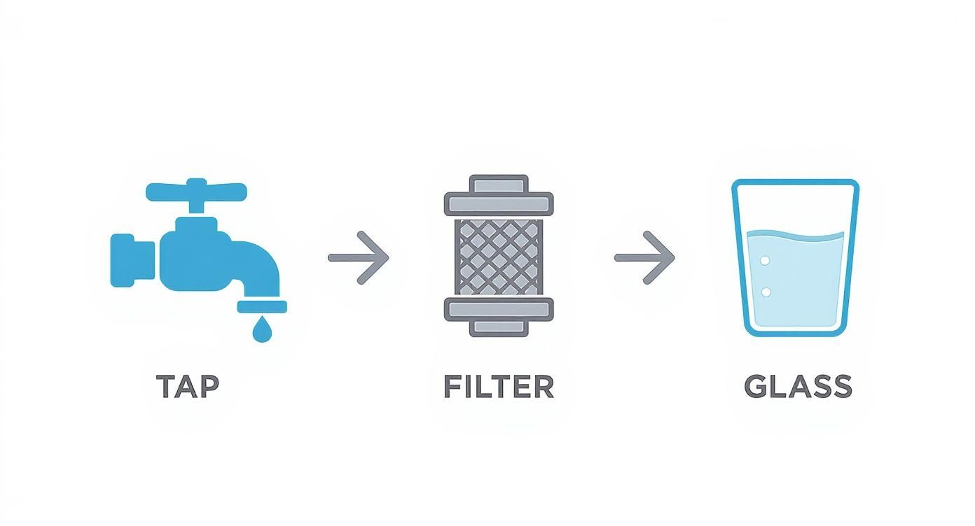 Water filtration process diagram showing tap water flowing through filter into glass