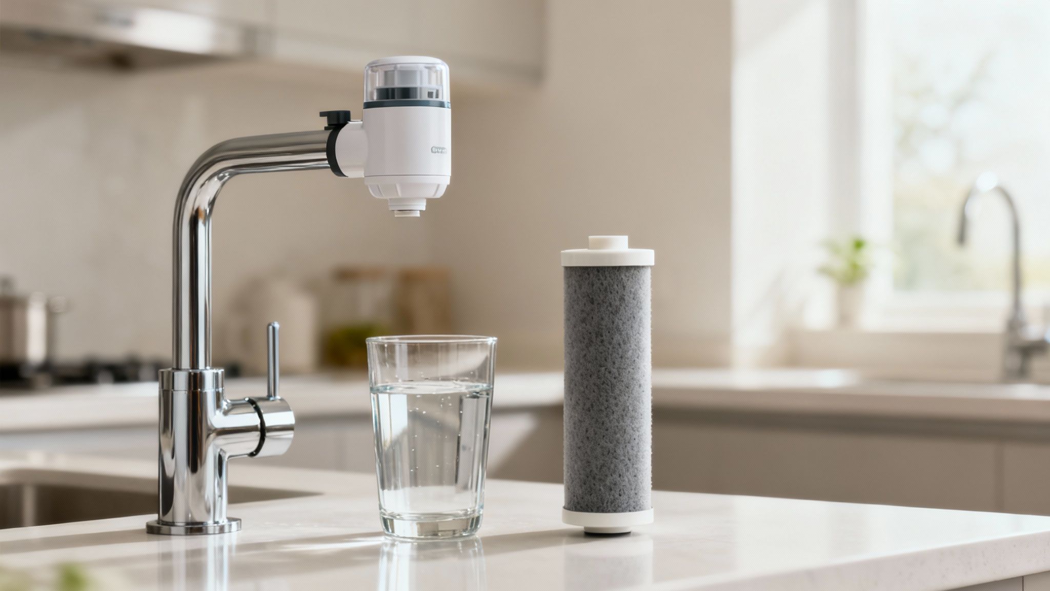 A modern kitchen sink with a water filter attached to the tap, pouring clean water into a glass.
