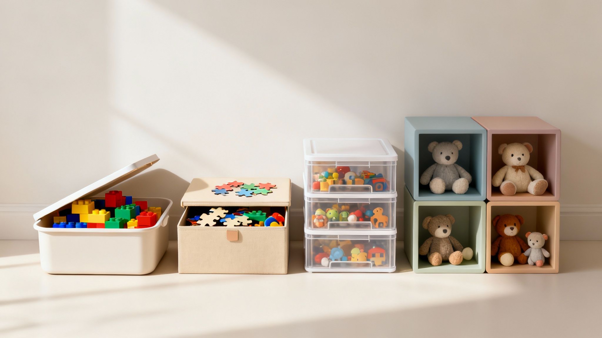 A colourful and organised playroom with various types of toy storage containers like open bins, lidded boxes, and shelves.