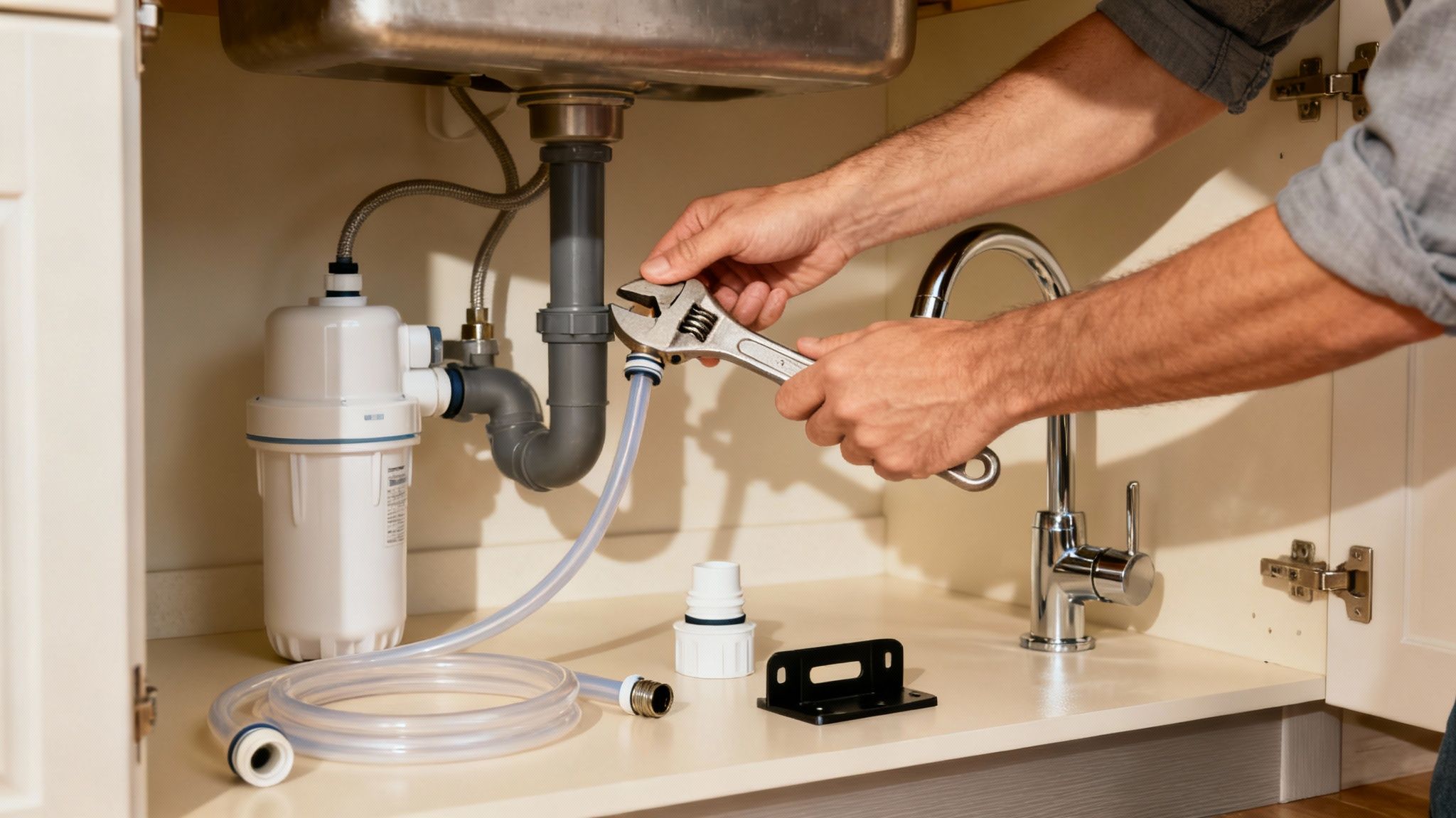 A person installing an under-sink water filter in a clean kitchen cabinet.