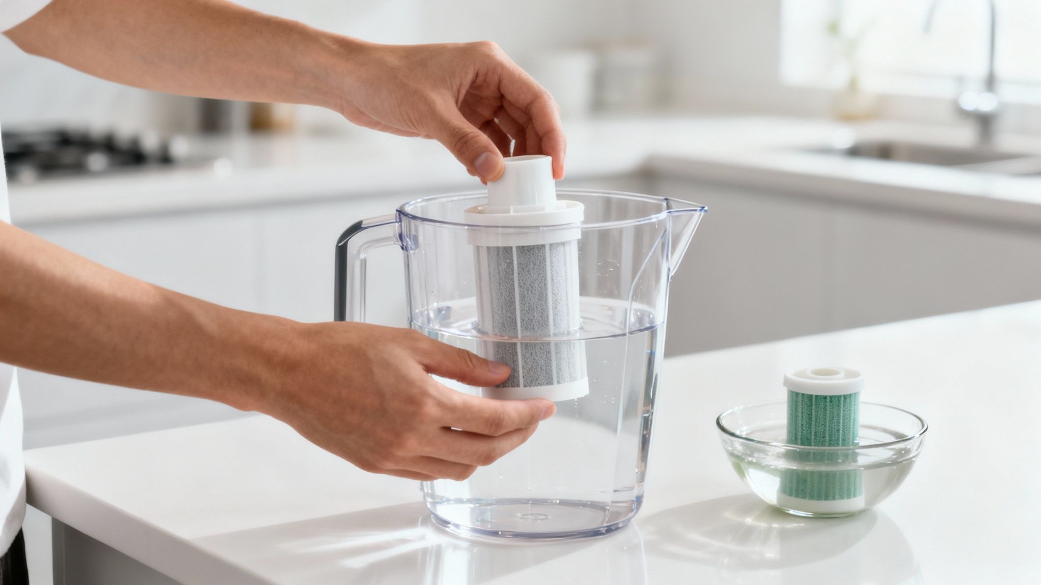 Close-up of hands placing a new water filter into a clear pitcher in a clean kitchen.