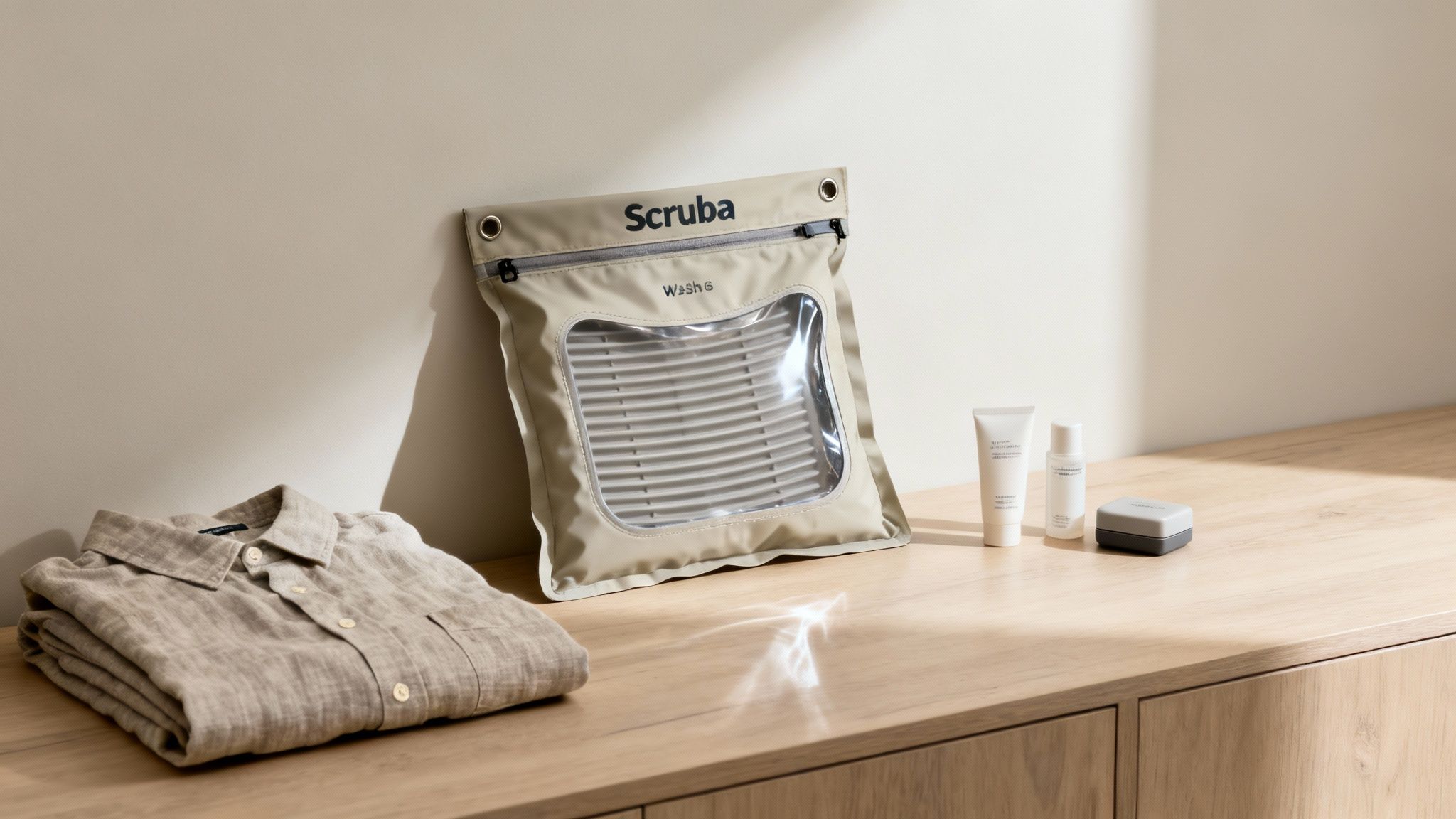 A person using the Scrubba wash bag outdoors