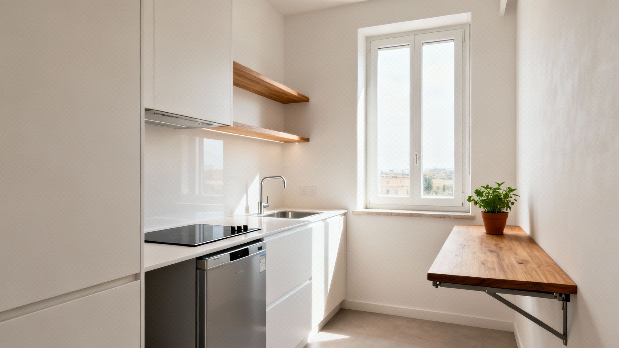 A sleek and modern mini kitchen integrated into a studio apartment, featuring white cabinets and wooden accents.