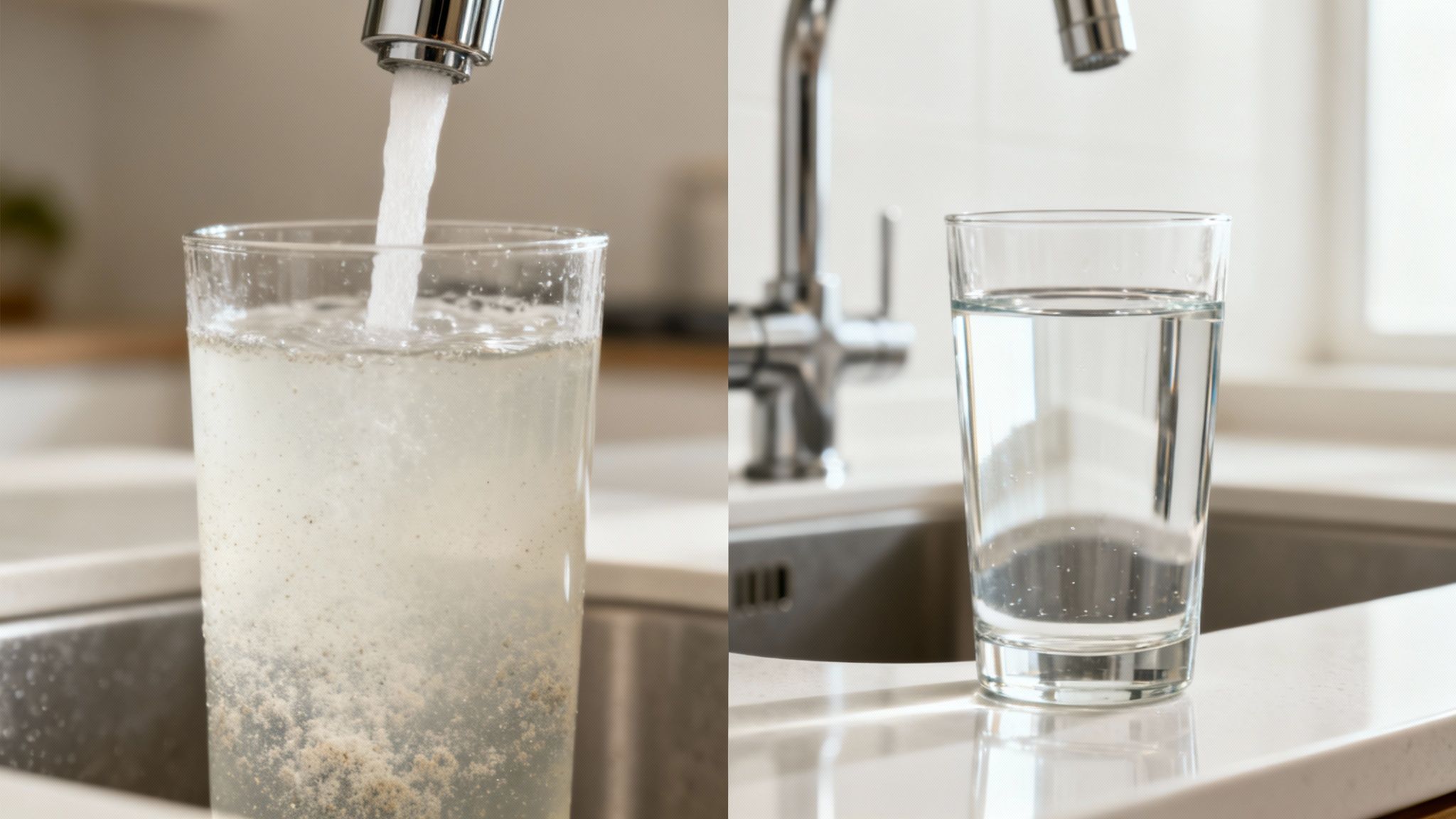 Side-by-side comparison of a glass filling with dirty tap water and a glass of clean purified water.