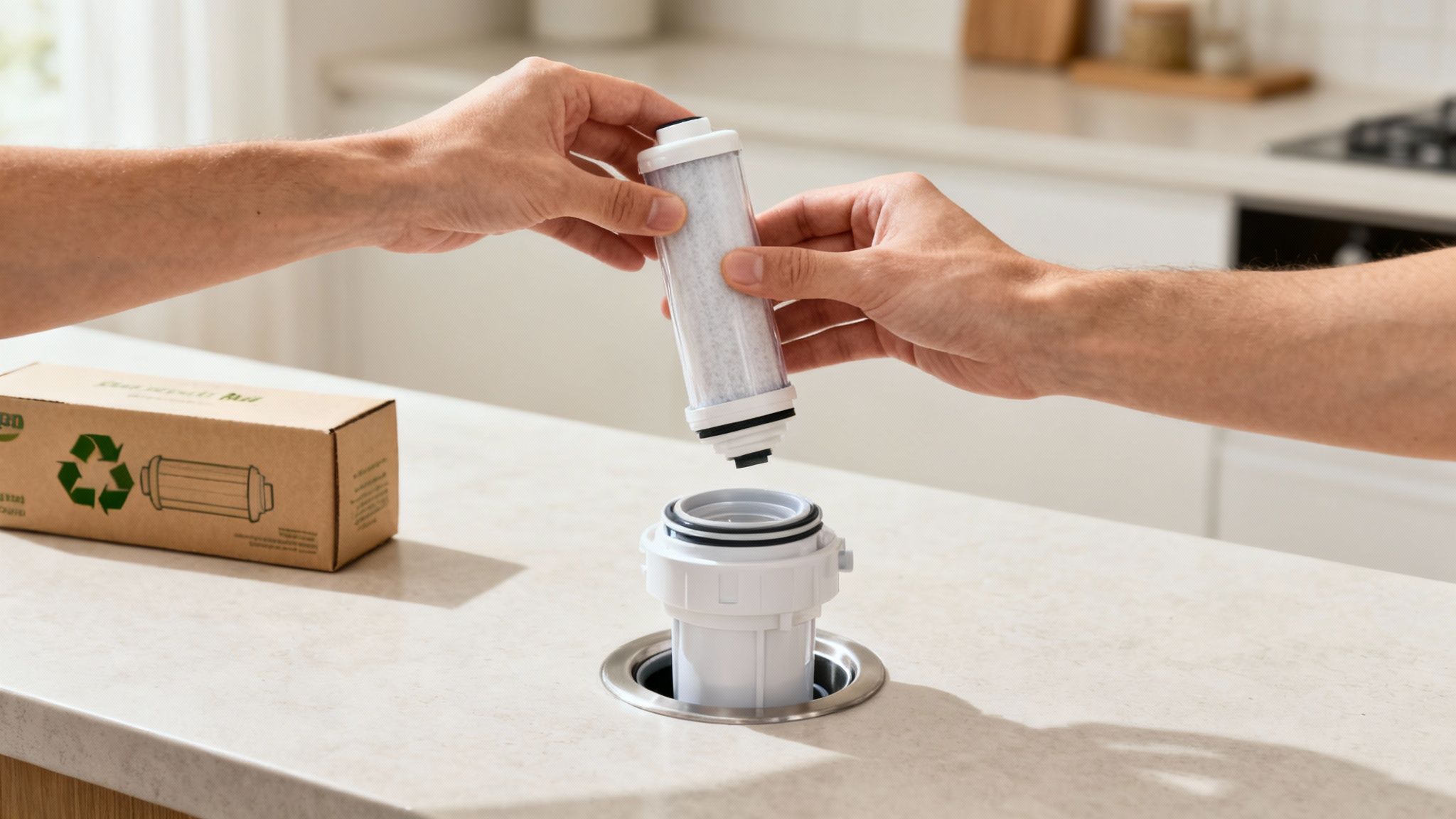 Hands installing a new water filter cartridge into an under-sink housing unit in a modern kitchen.