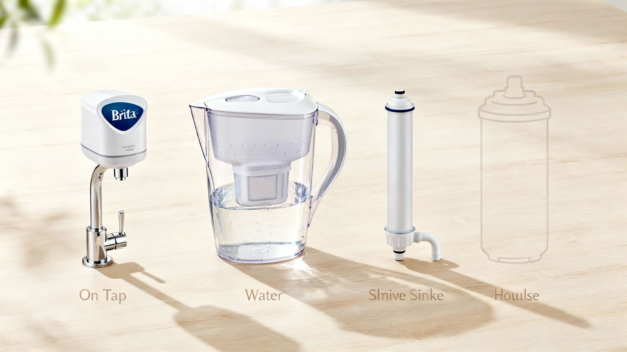 Four Brita water filtration systems displayed on wooden surface including on tap, pitcher, under sink, and whole house filters