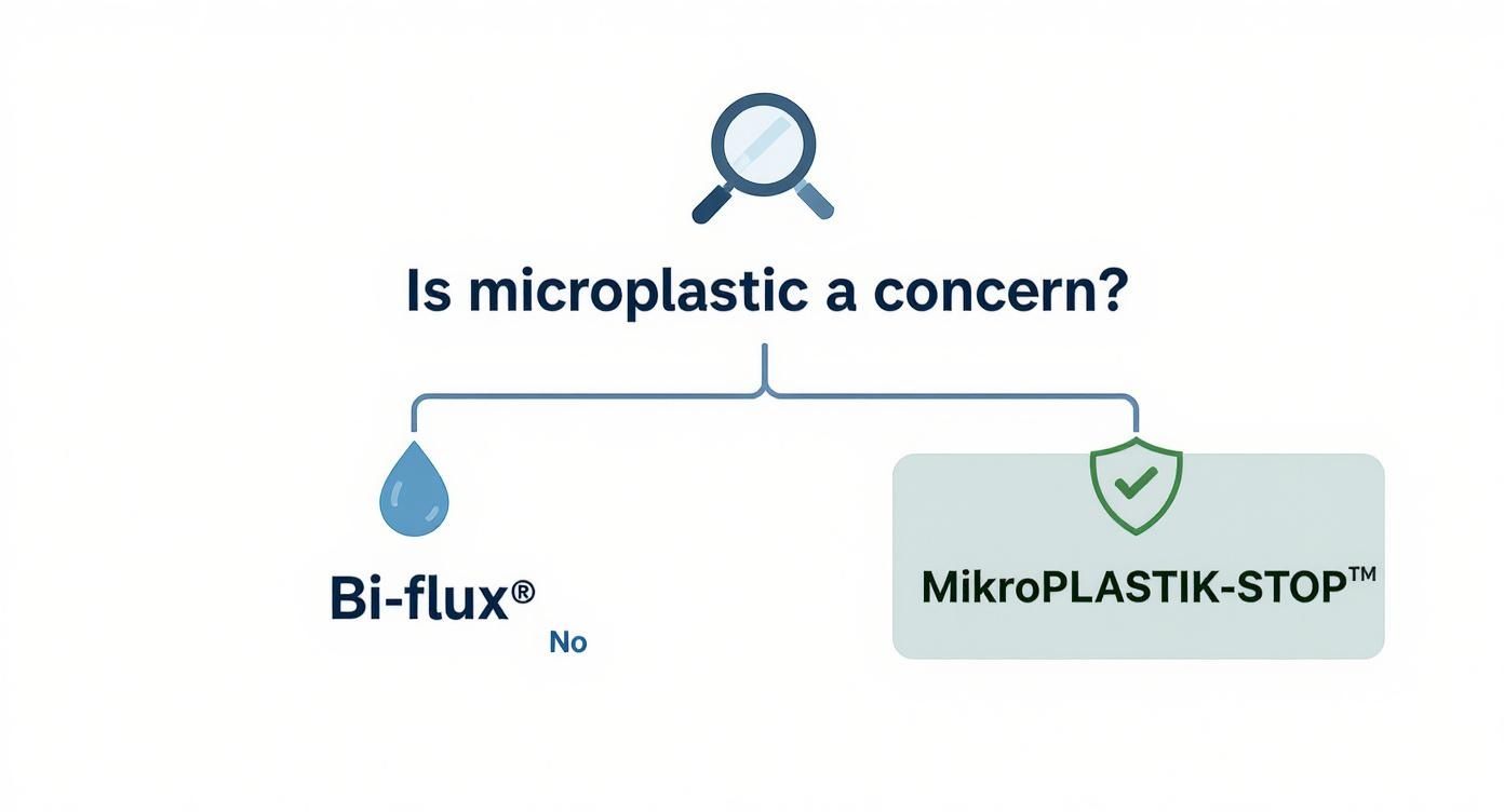 A flowchart asks, 'Is microplastic a concern?', showing Bi-flux® as 'No' and MikroPLASTIK-STOP™ as a solution.