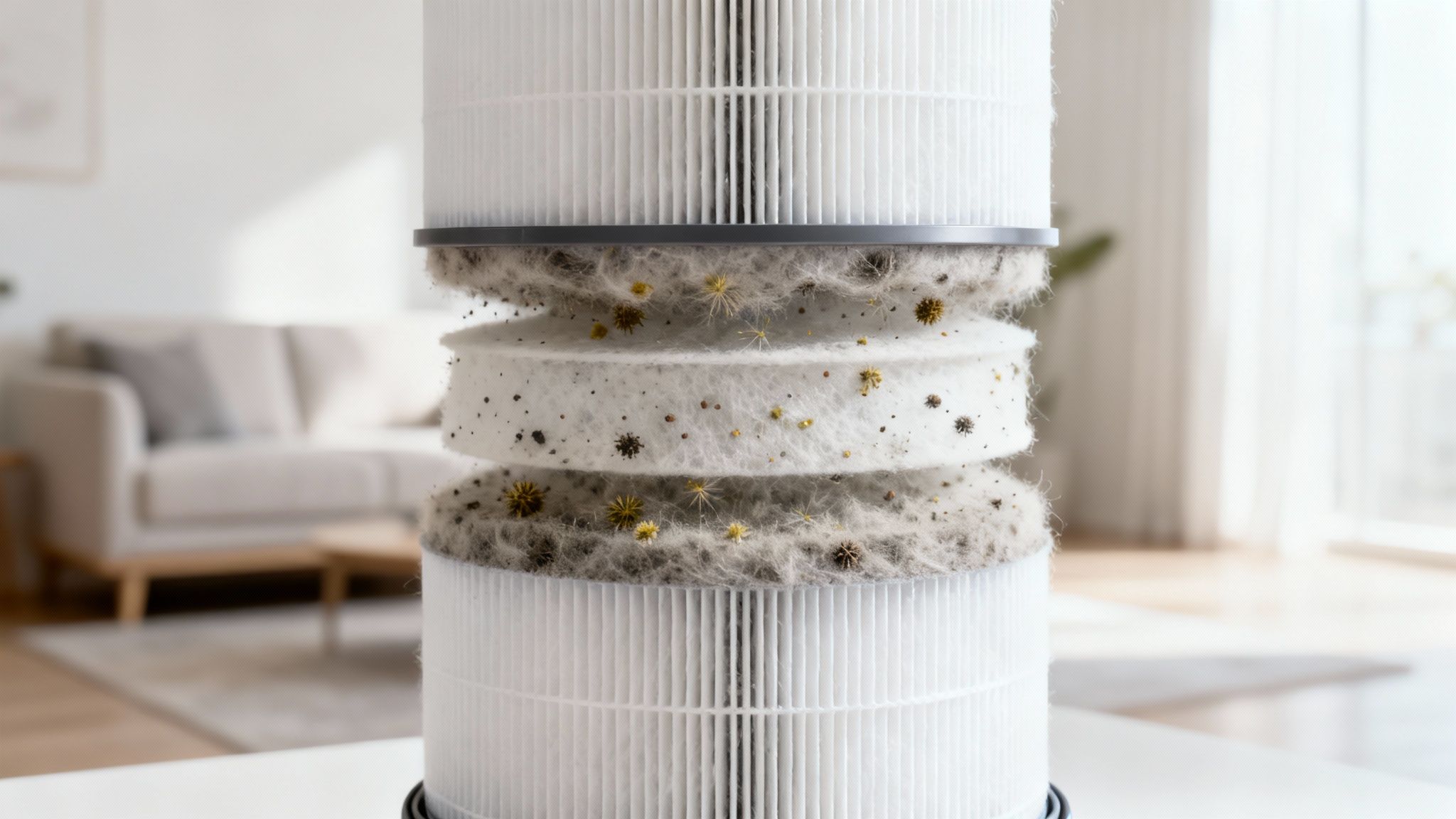 Close-up of a multi-layered air purifier filter, showing trapped dust and particles, in a home setting.