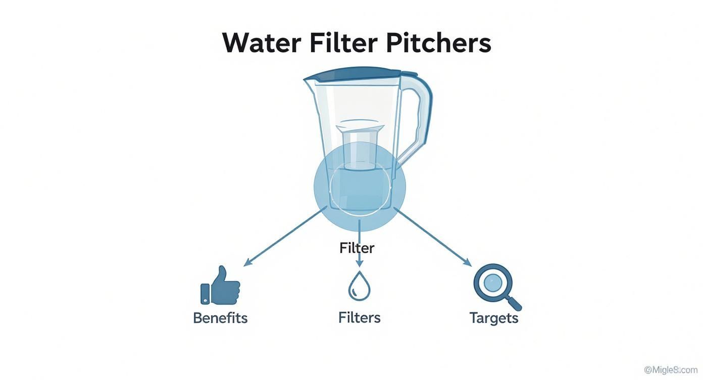 An infographic illustrating water filter pitchers, showing their benefits, the types of filters, and what they target.