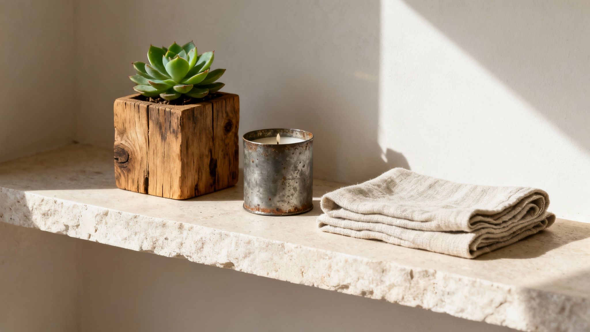 A modern room decorated with sustainable materials like reclaimed wood and organic textiles.