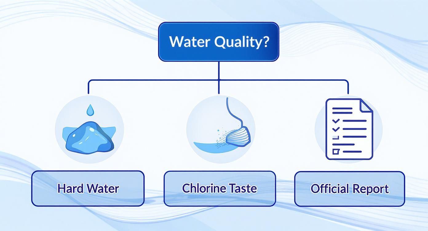 A flowchart illustrating water quality concerns including hard water, chlorine taste, and official reports.