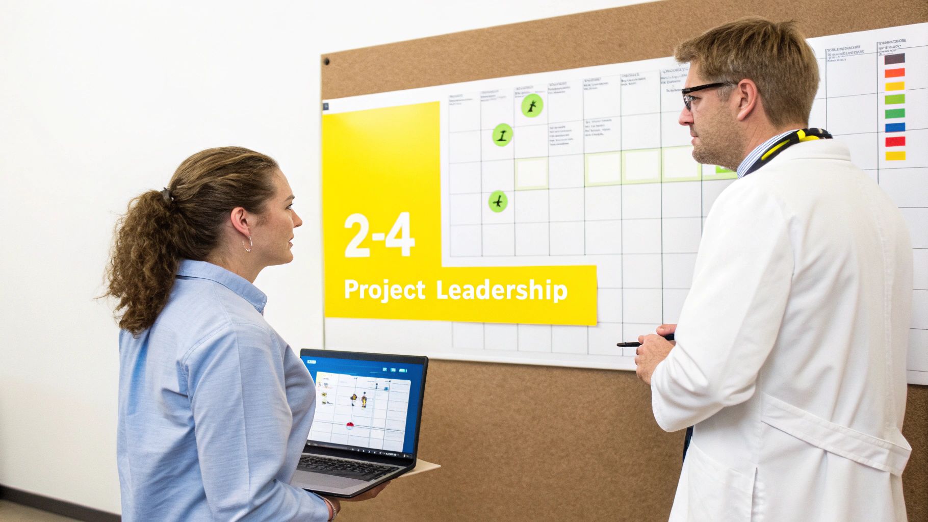 Two healthcare professionals discuss 'Project Leadership' on a board, with one holding a laptop.