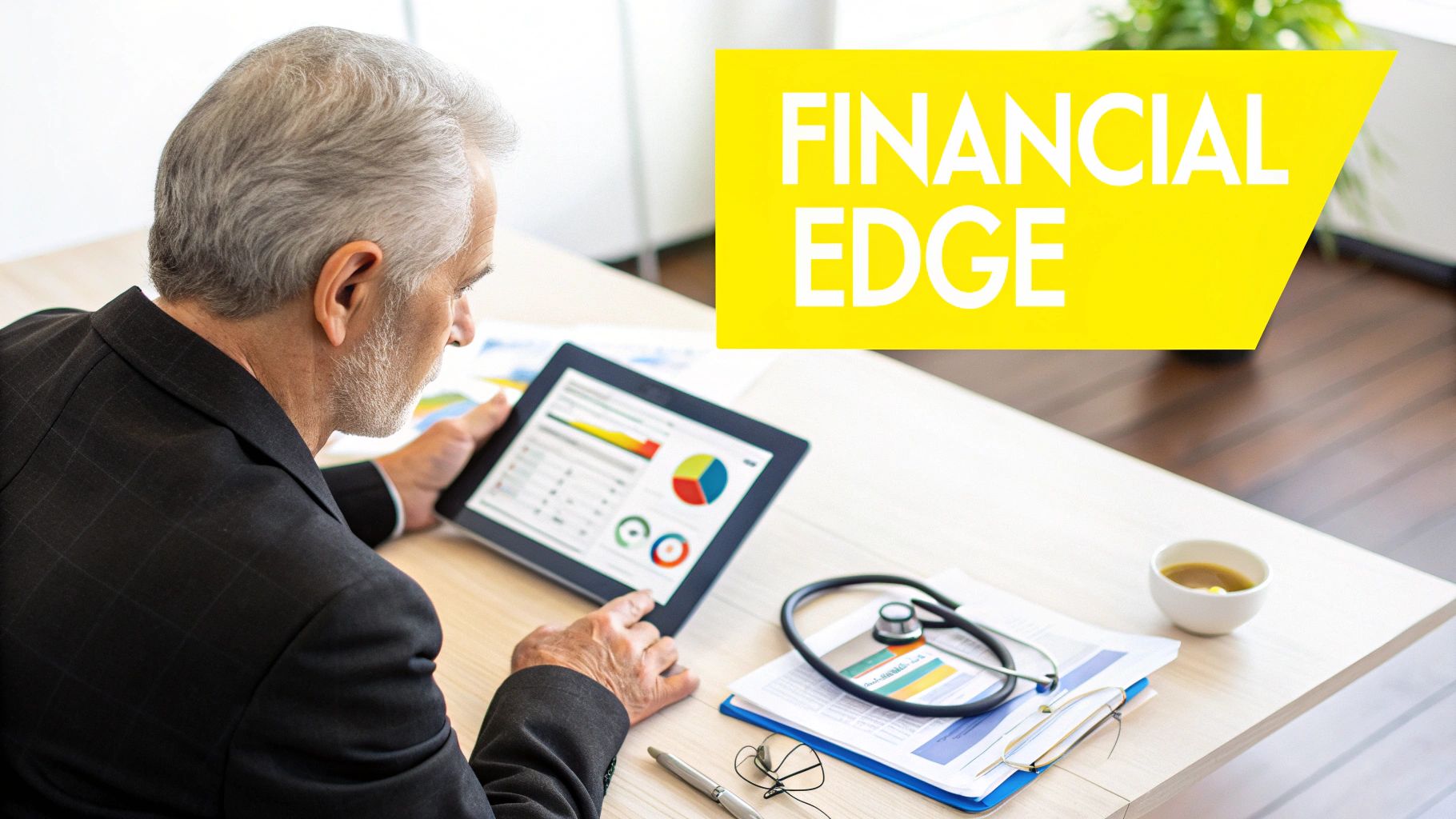 A group of executives collaborating around a table with laptops and financial charts.